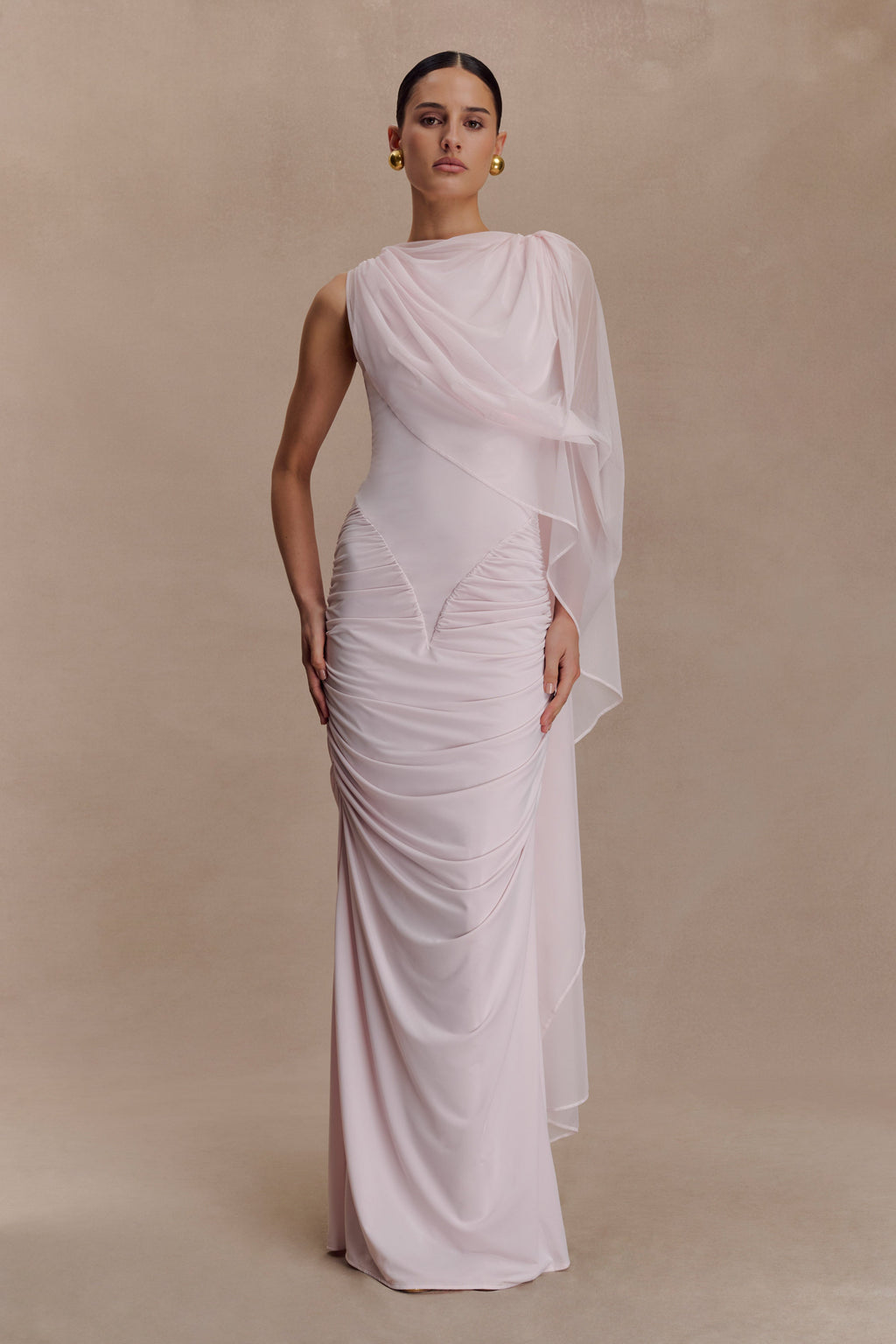 Amandine Ruched Slinky Maxi Dress - Pale Pink