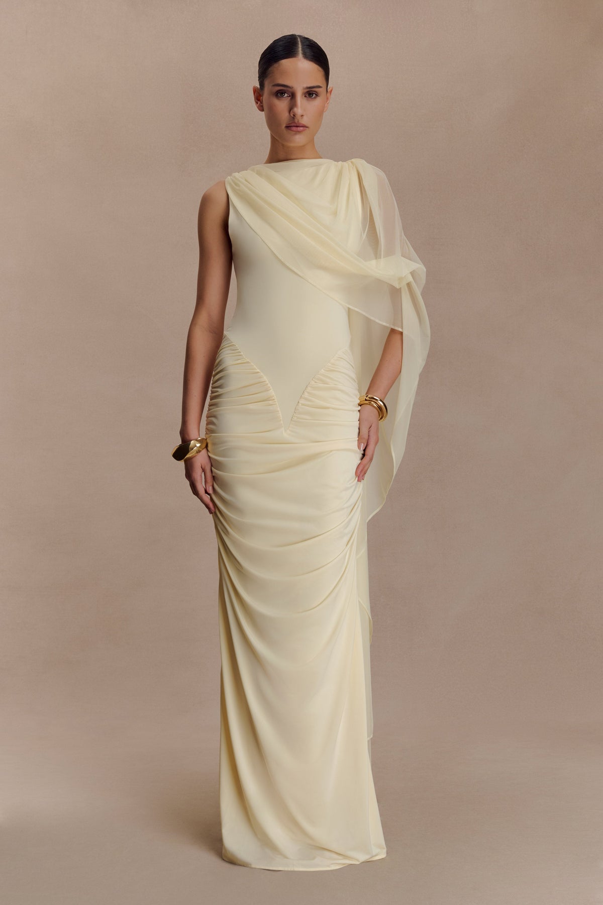 Amandine Ruched Slinky Maxi Dress - Lemon