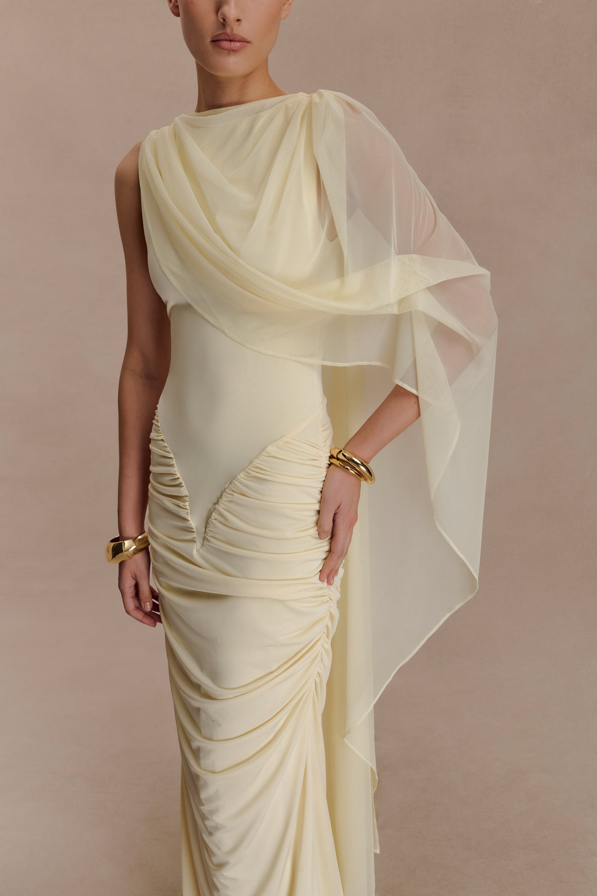 Amandine Ruched Slinky Maxi Dress - Lemon