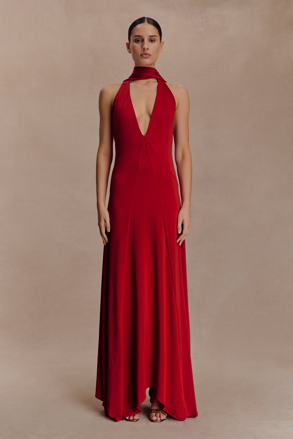Juliet Slinky Maxi Dress With Scarf - Ruby