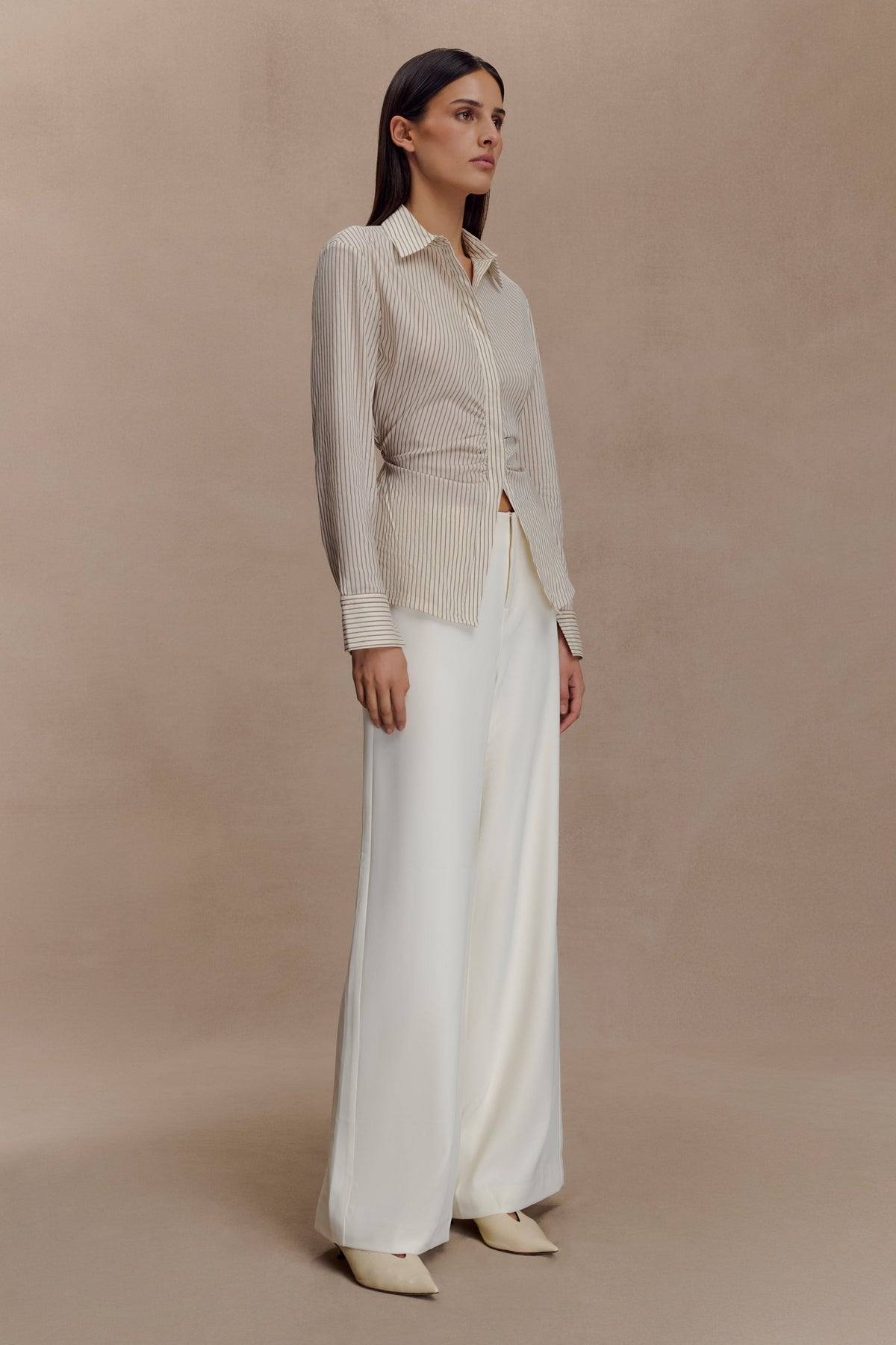 Millie Tie Back Cotton Shirt - Beige Pinstripe