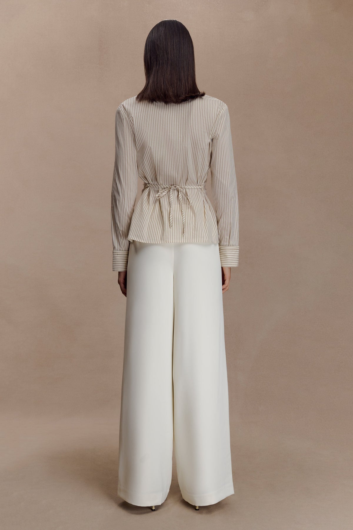 Millie Tie Back Cotton Shirt - Beige Pinstripe
