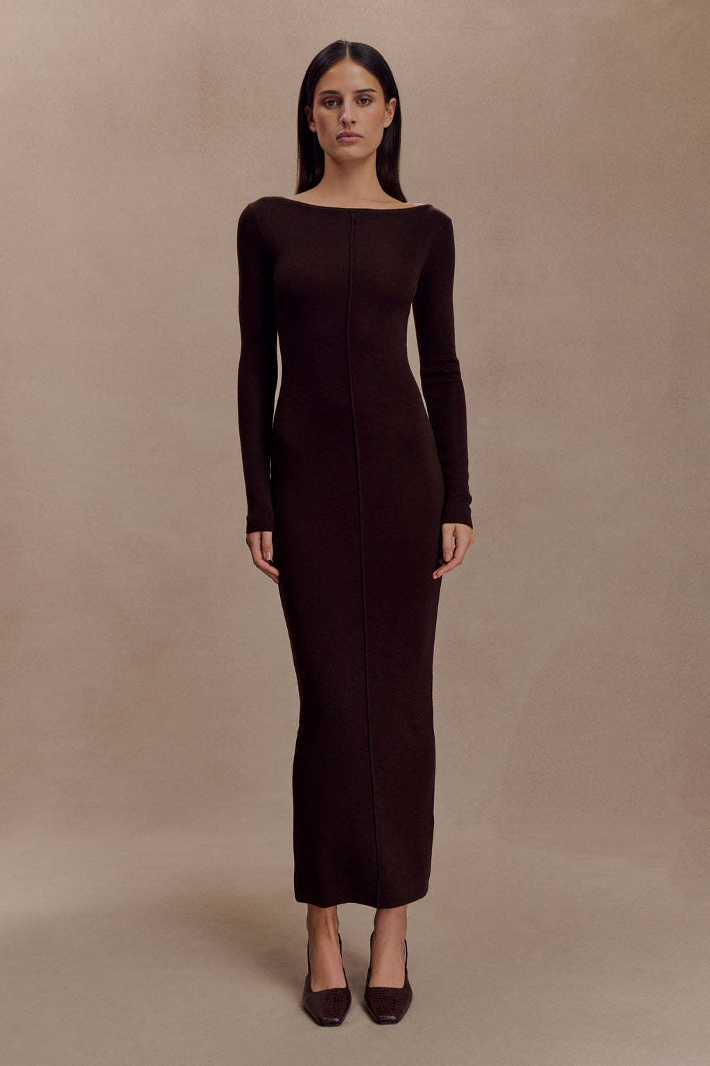 Cleona Merino Wool Ribbed Long Sleeve Maxi Dress - Deep Chocolate