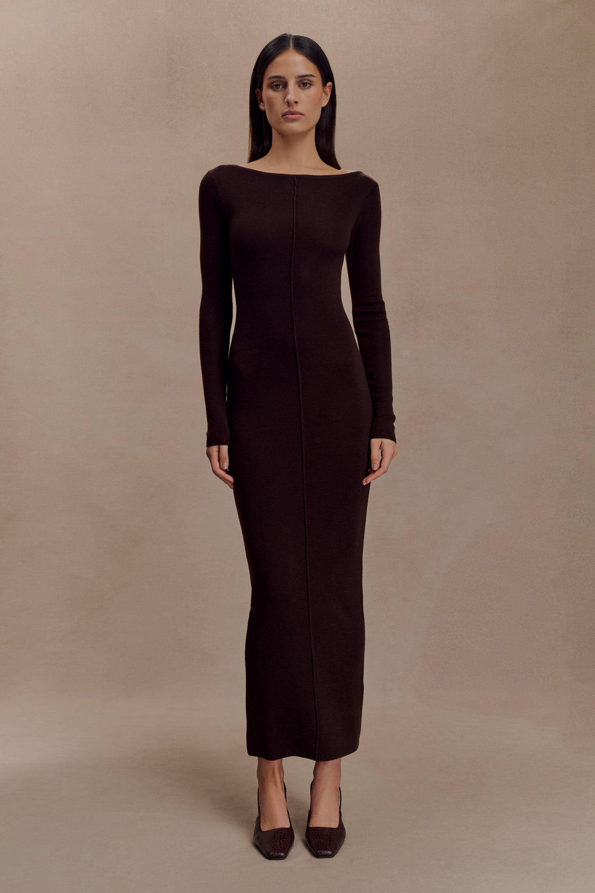 Cleona Merino Wool Ribbed Long Sleeve Maxi Dress - Deep Chocolate