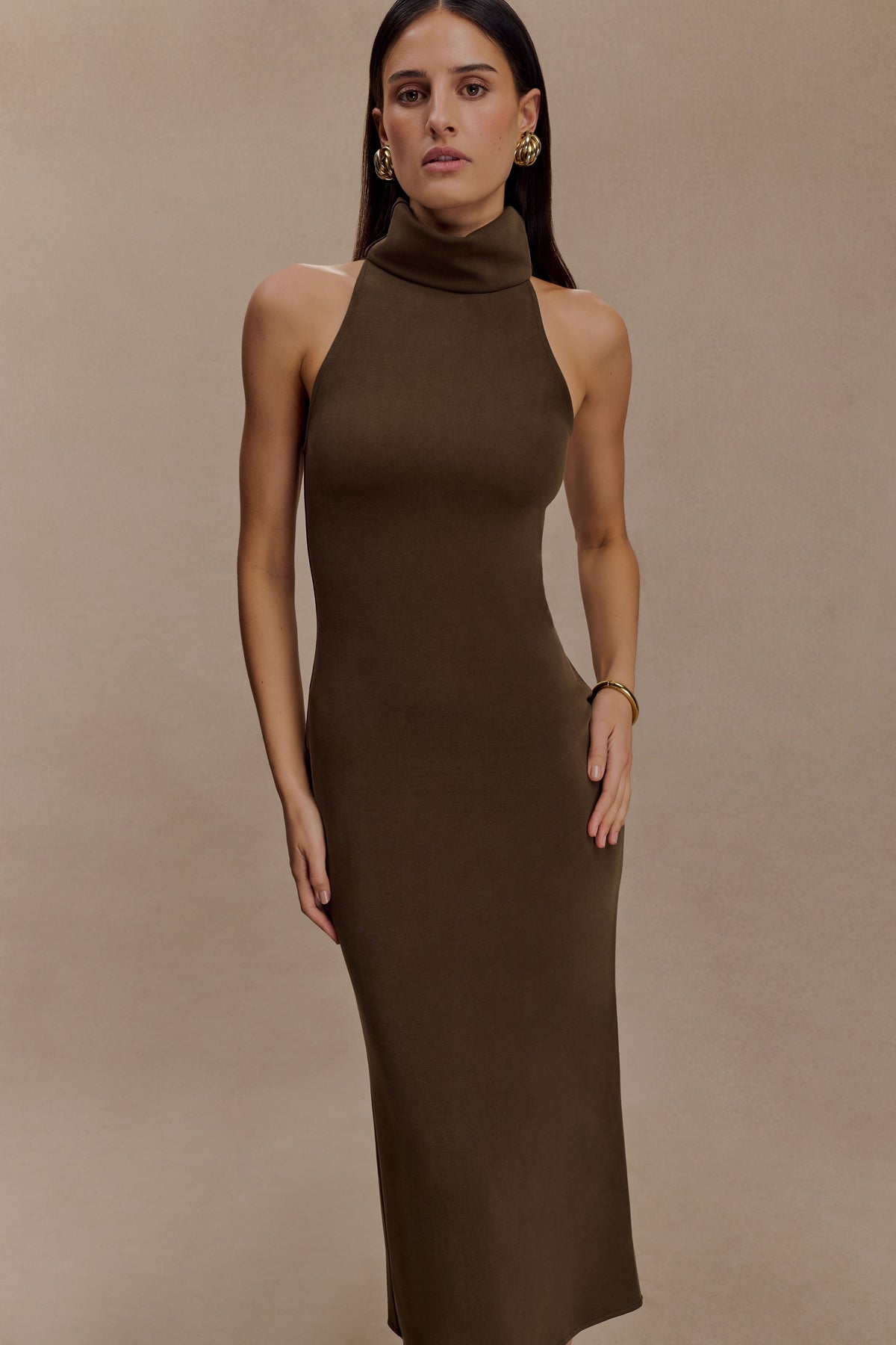Kennedy High Neck Midi Dress - Chocolate