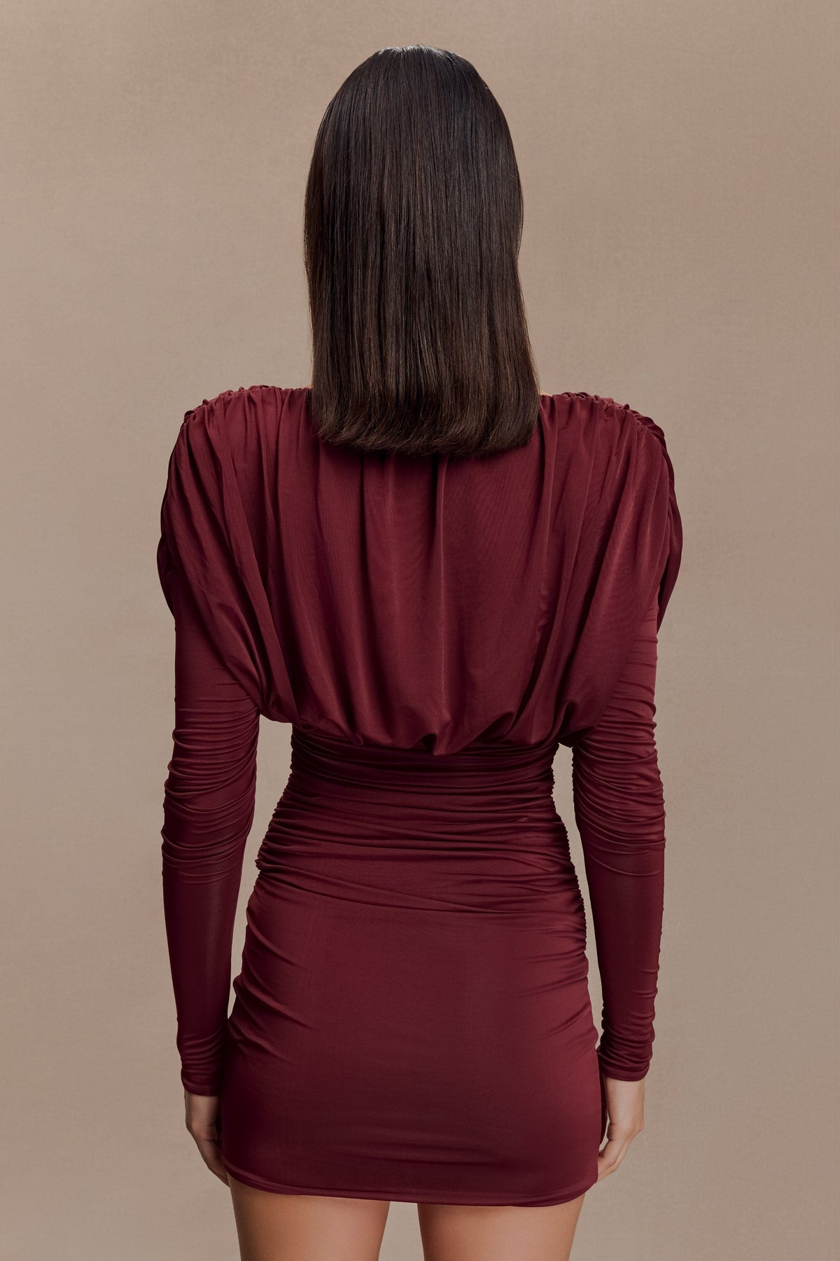 Hayden Long Sleeve Plunge Mini Dress - Burgundy