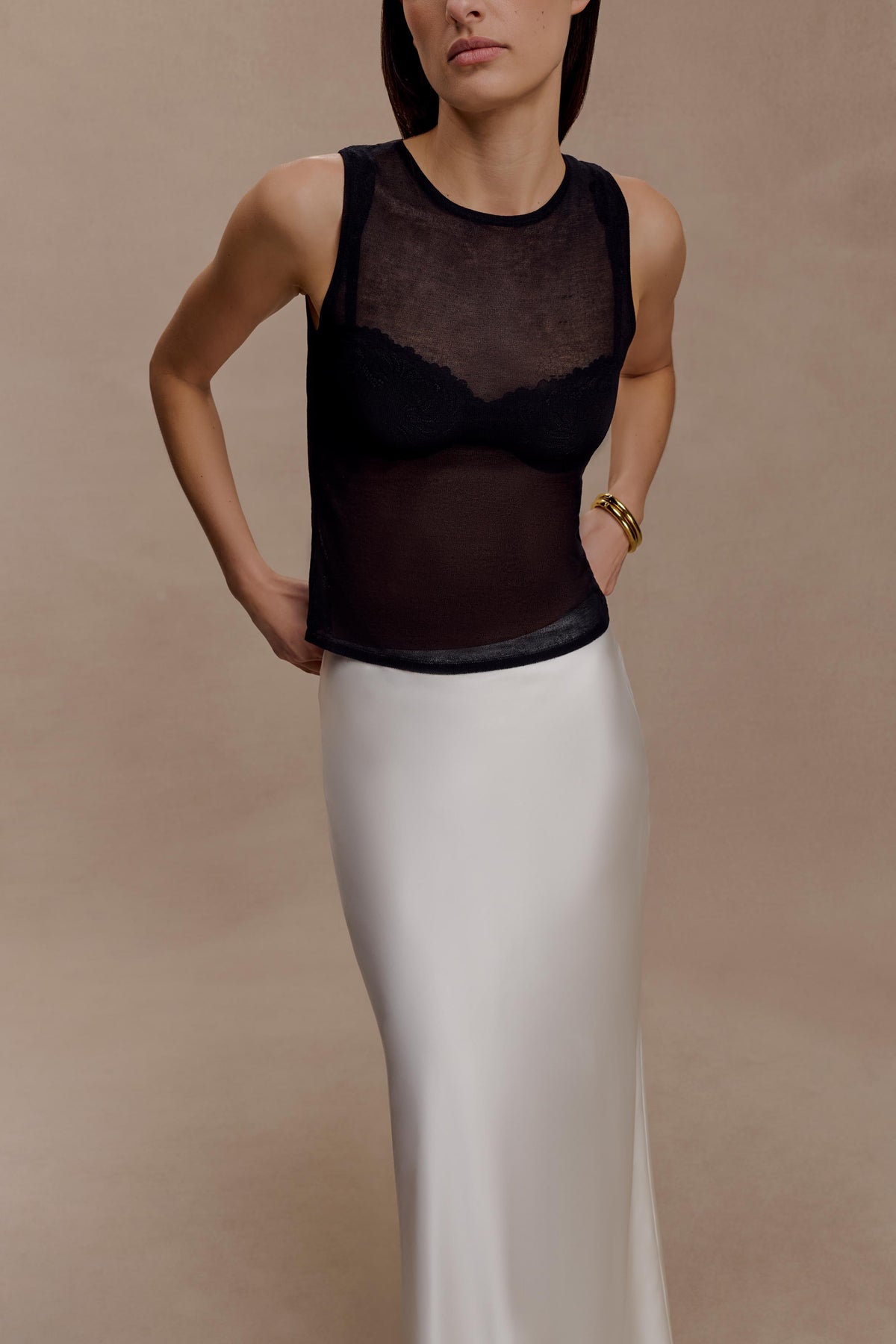 Dollie Sheer Knit Tank Top - Black