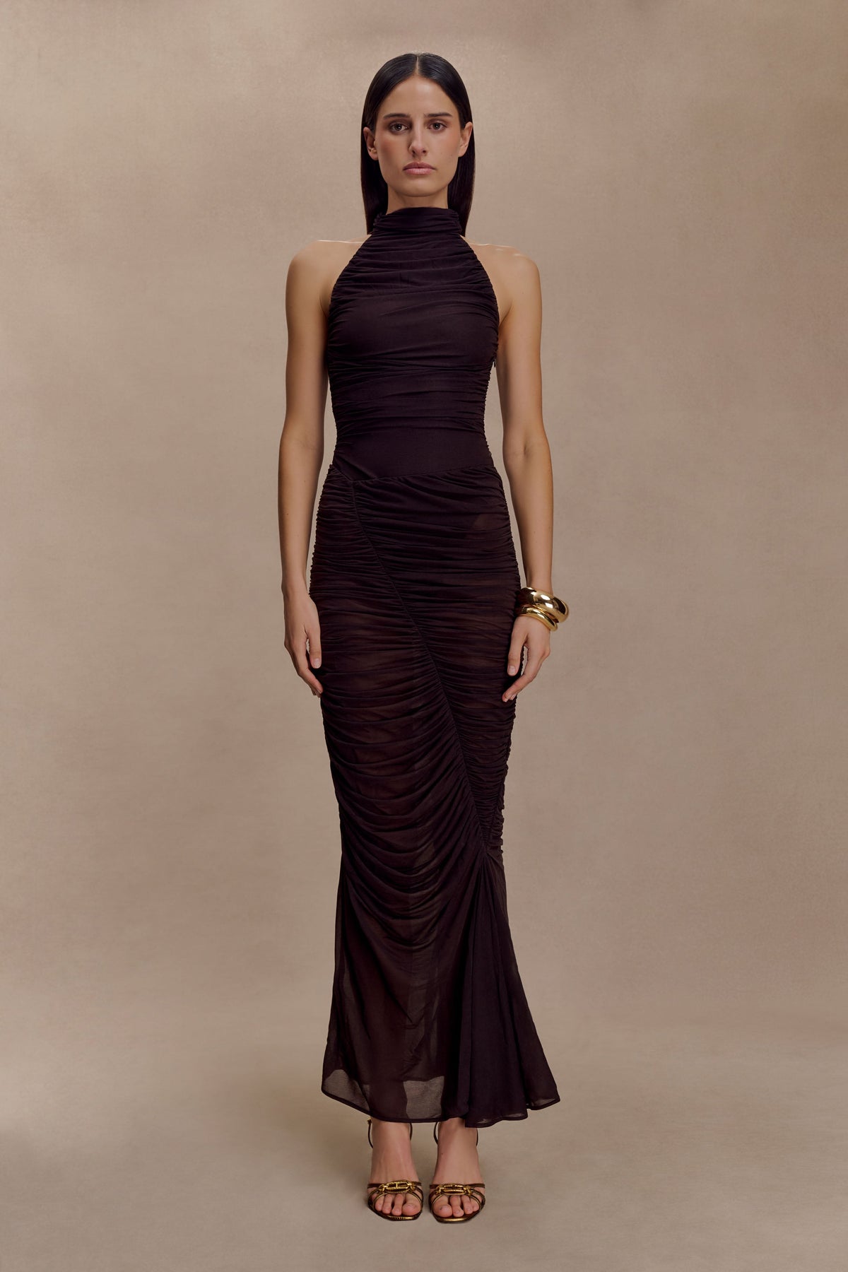 Matilda Ruched Mesh Maxi Skirt - Chocolate