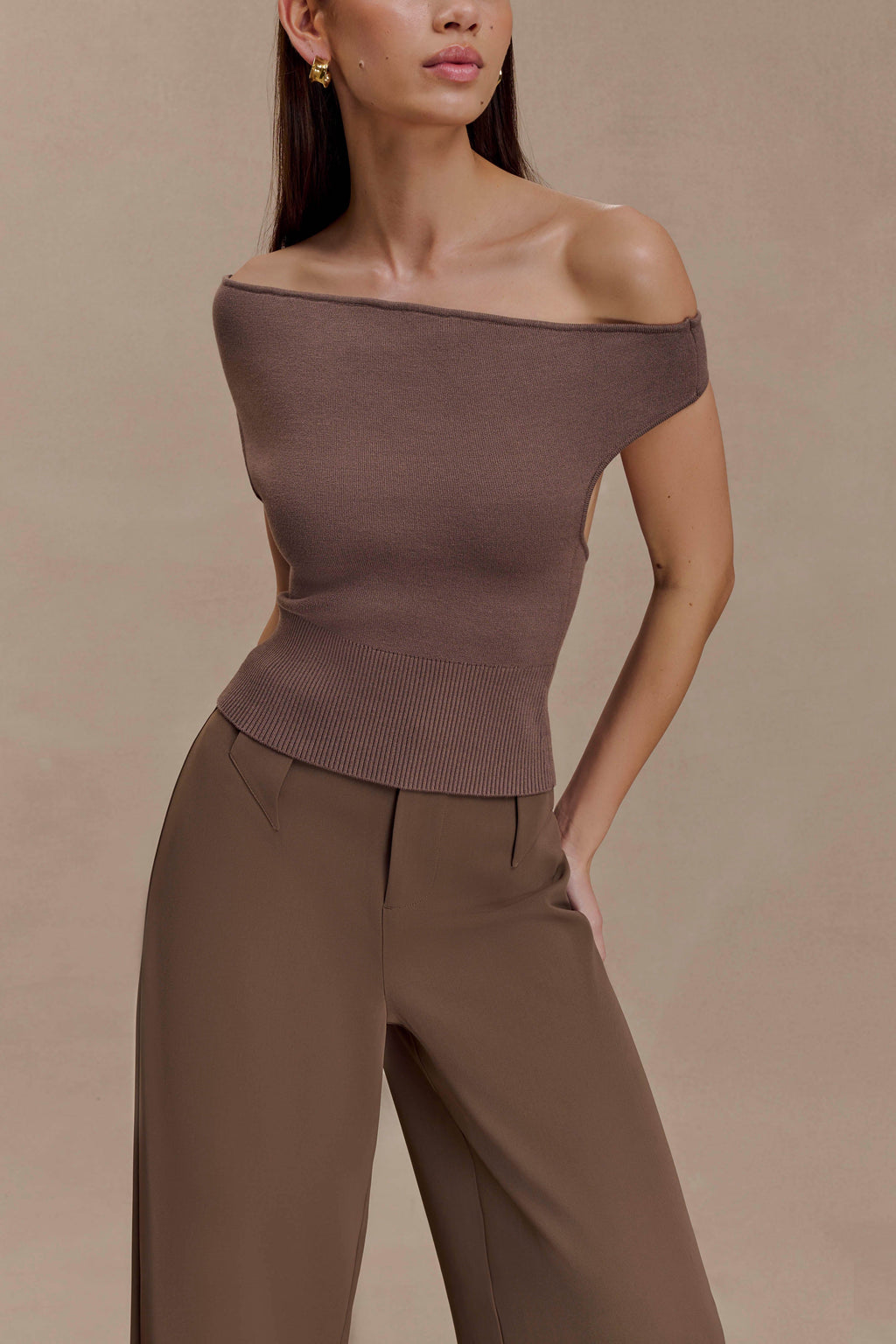 Carley Off Shoulder Knit Top - Cacao Brown