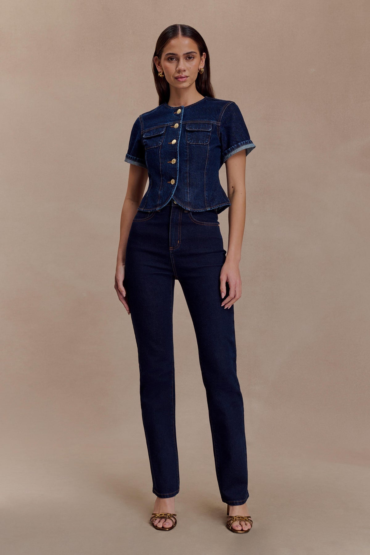 Marge Fitted Denim Short Sleeve Top - Indigo Blue
