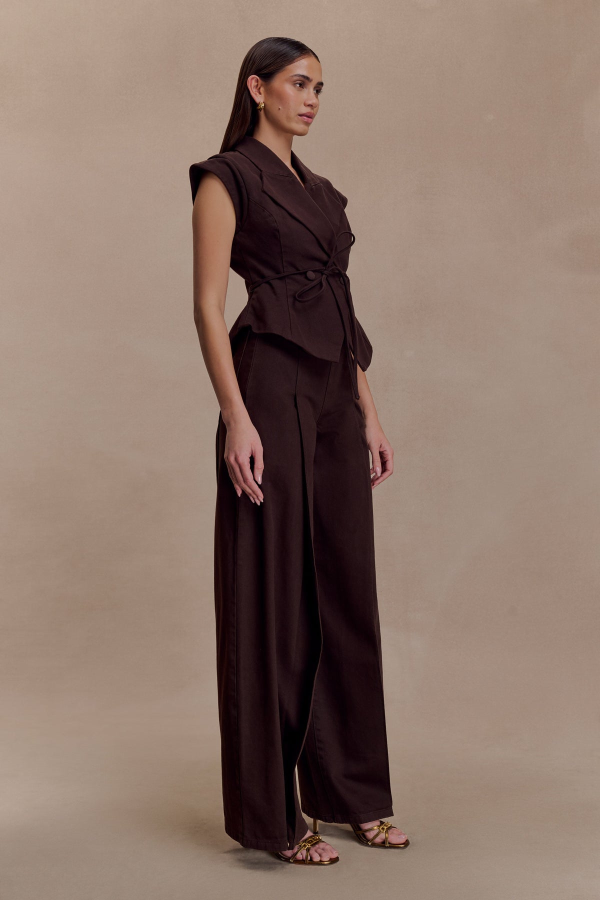 Charley Structured Tie Denim Top - Chocolate