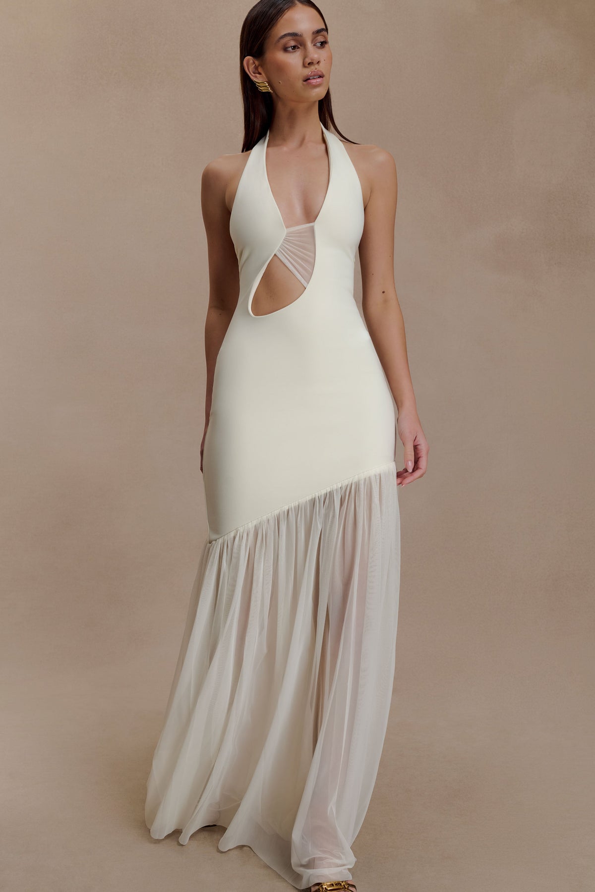 Aubree Crepe And Mesh Maxi Dress - Ivory