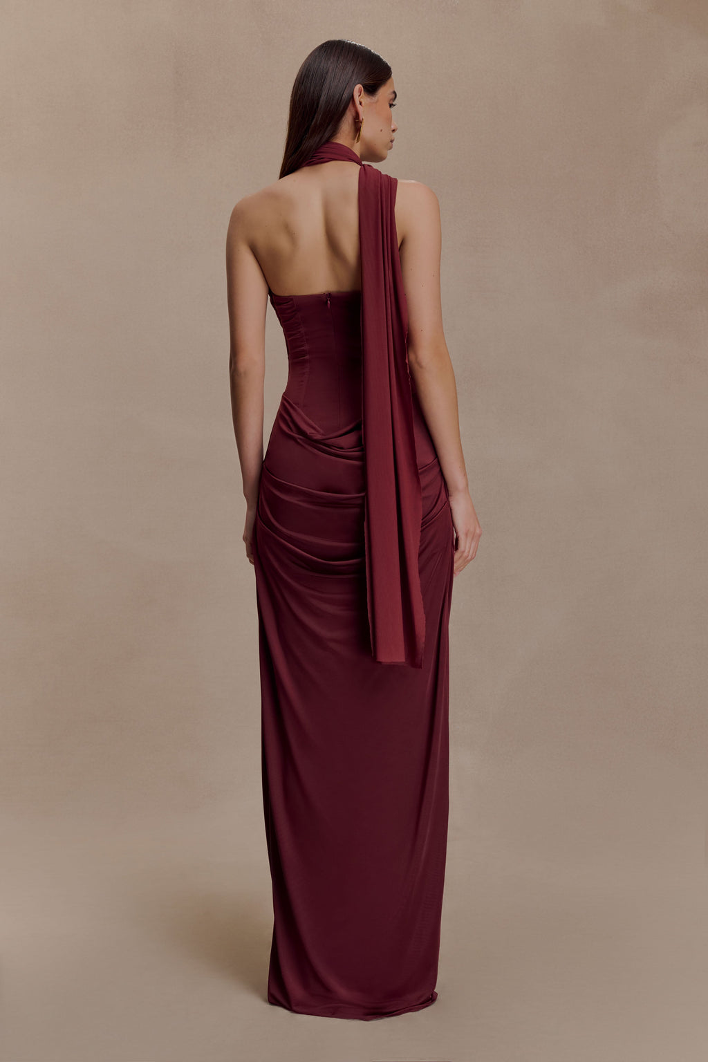 Mattea Slinky And Mesh Maxi Dress With Scarf - Burgundy
