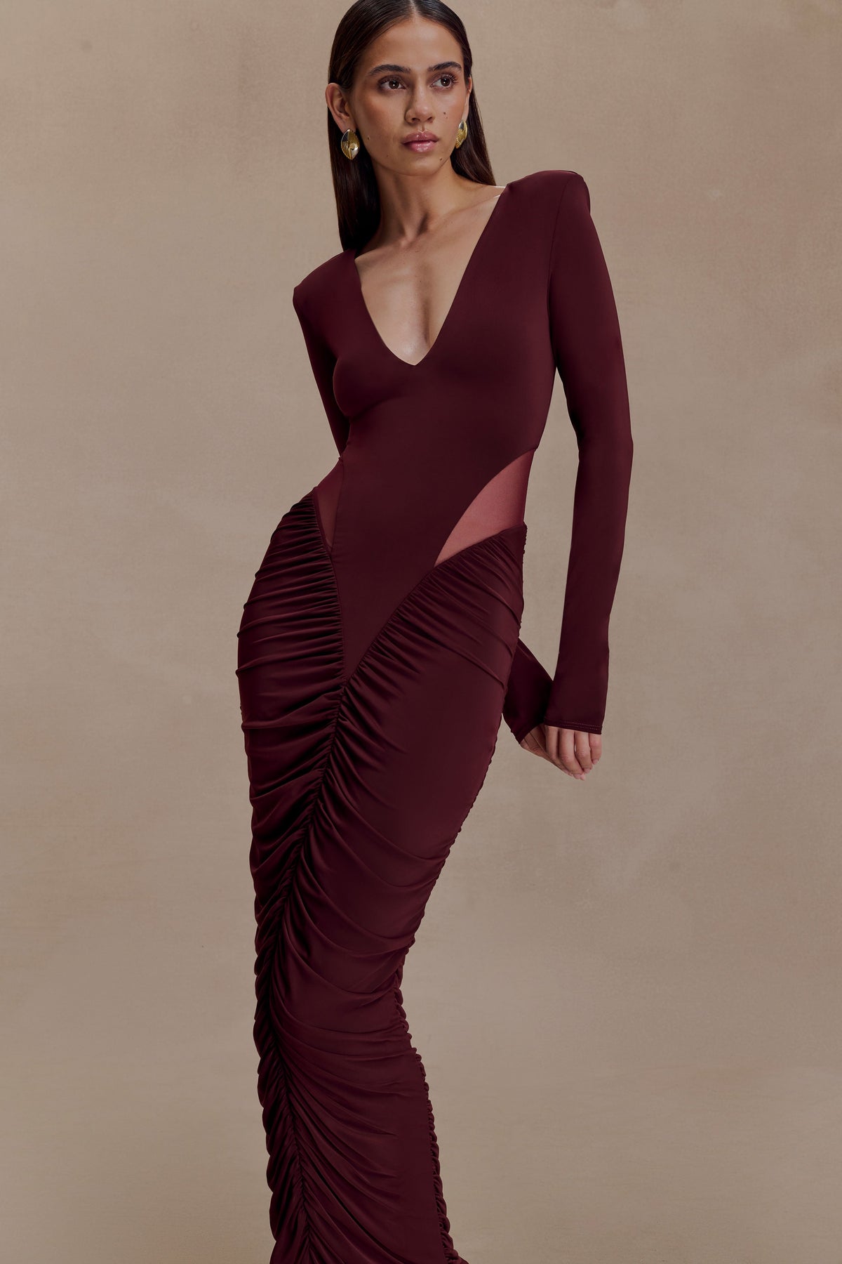 Louanne Slinky Long Sleeve Maxi Dress - Burgundy
