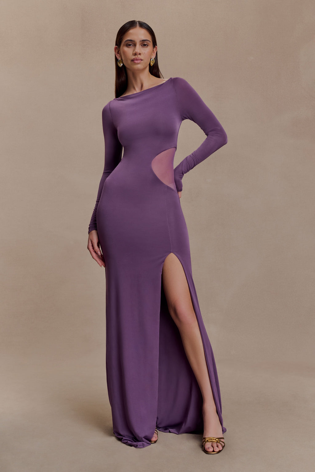 Megan Slinky And Mesh Maxi Dress - Purple