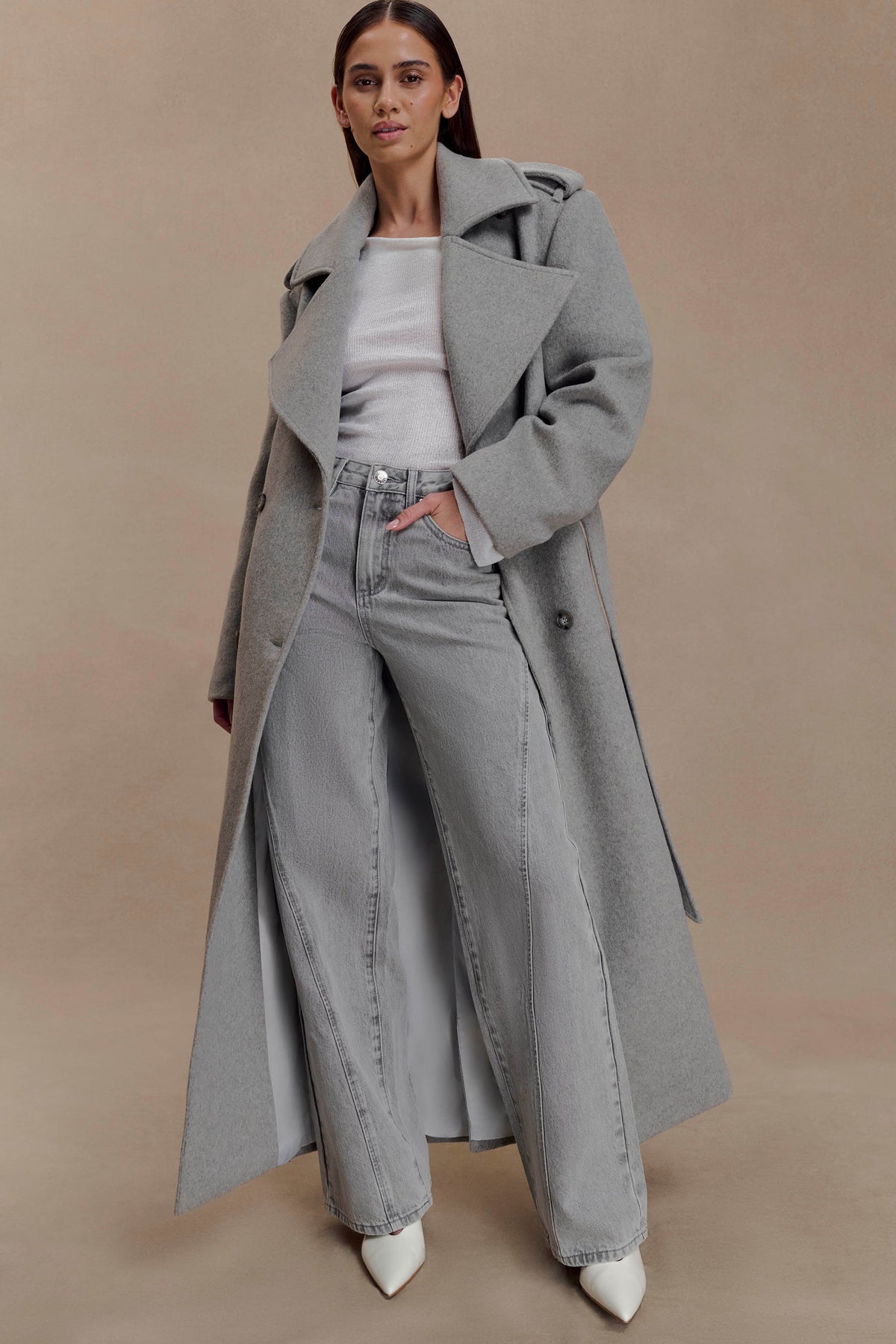 Levi Long Trench Wool Coat - Grey Marle
