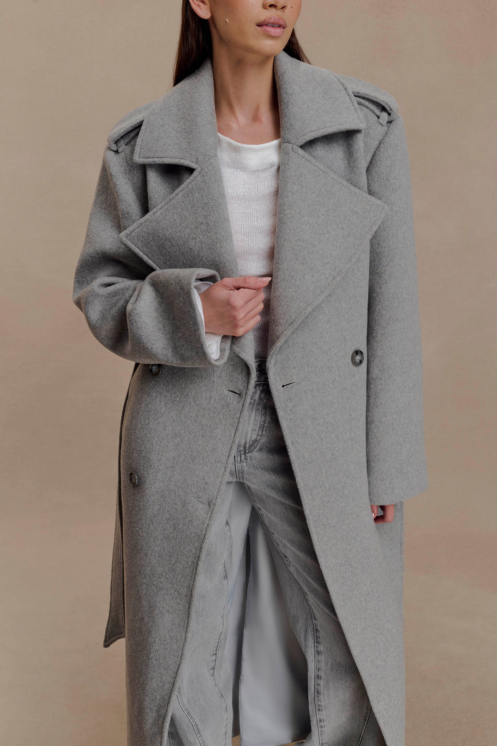Levi Long Trench Wool Coat - Grey Marle