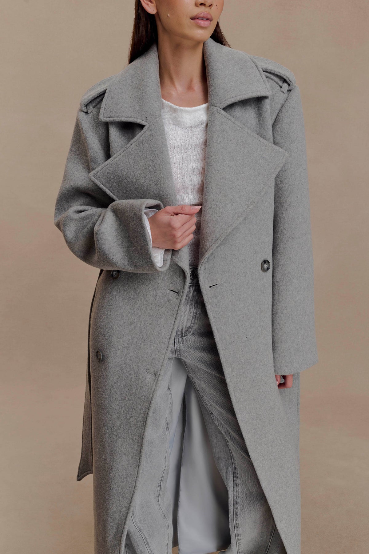 Levi Long Trench Wool Coat - Grey Marle