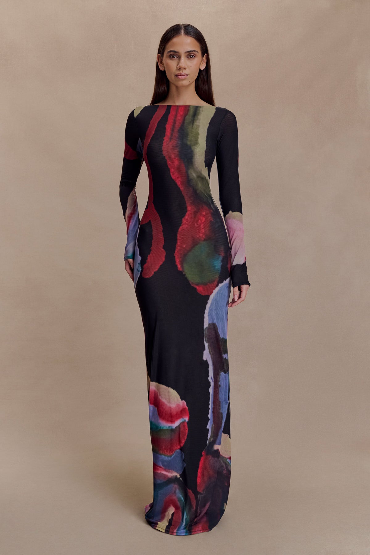 Soraya Long Sleeve Mesh Maxi Dress - Multi Fluid Reverie Print