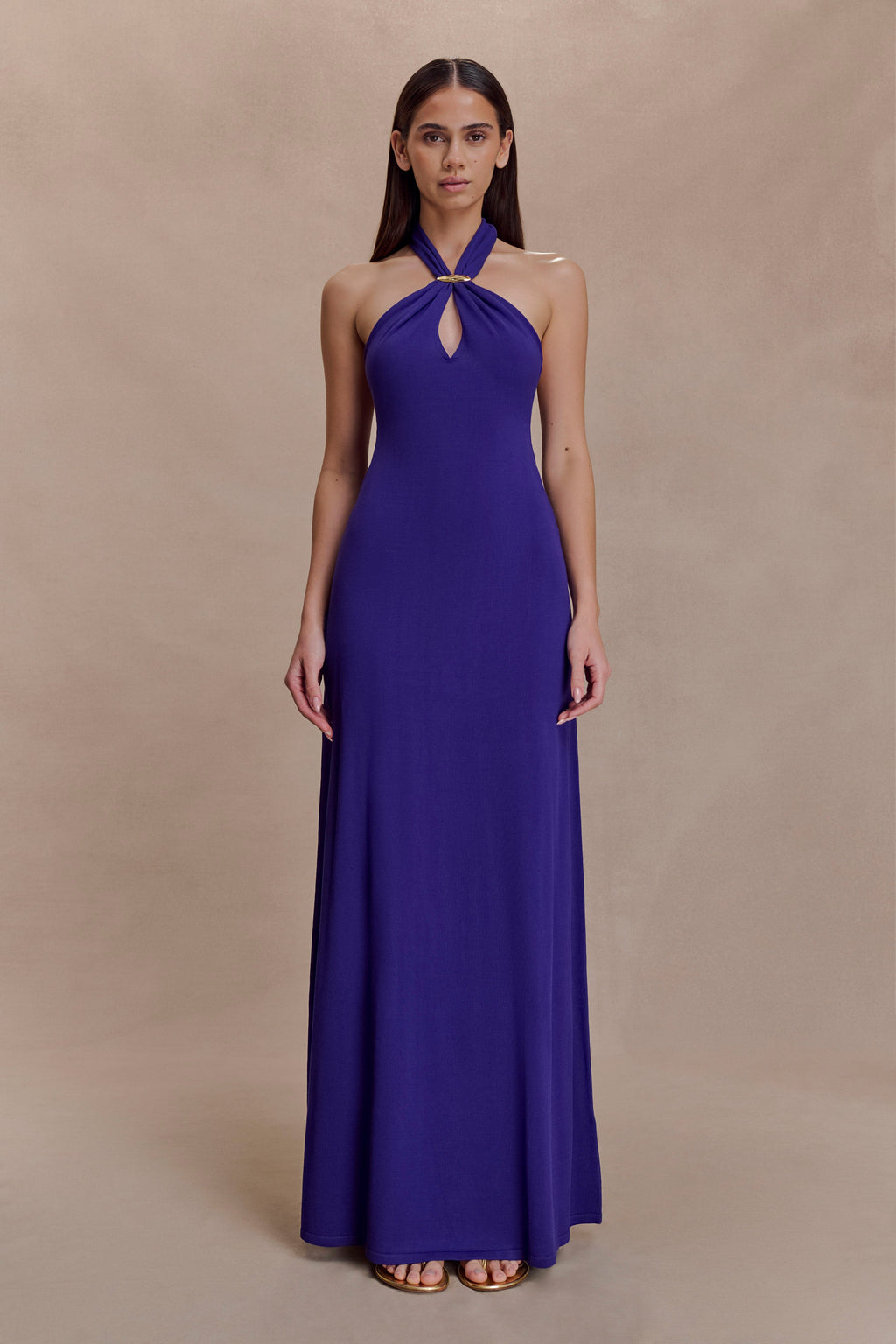 Ozias Halter Semi Sheer Knit Maxi Dress - Deep Purple