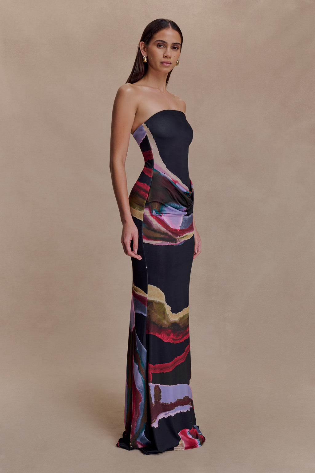 Madison Strapless Slinky Maxi Dress - Multi Fluid Reverie Print