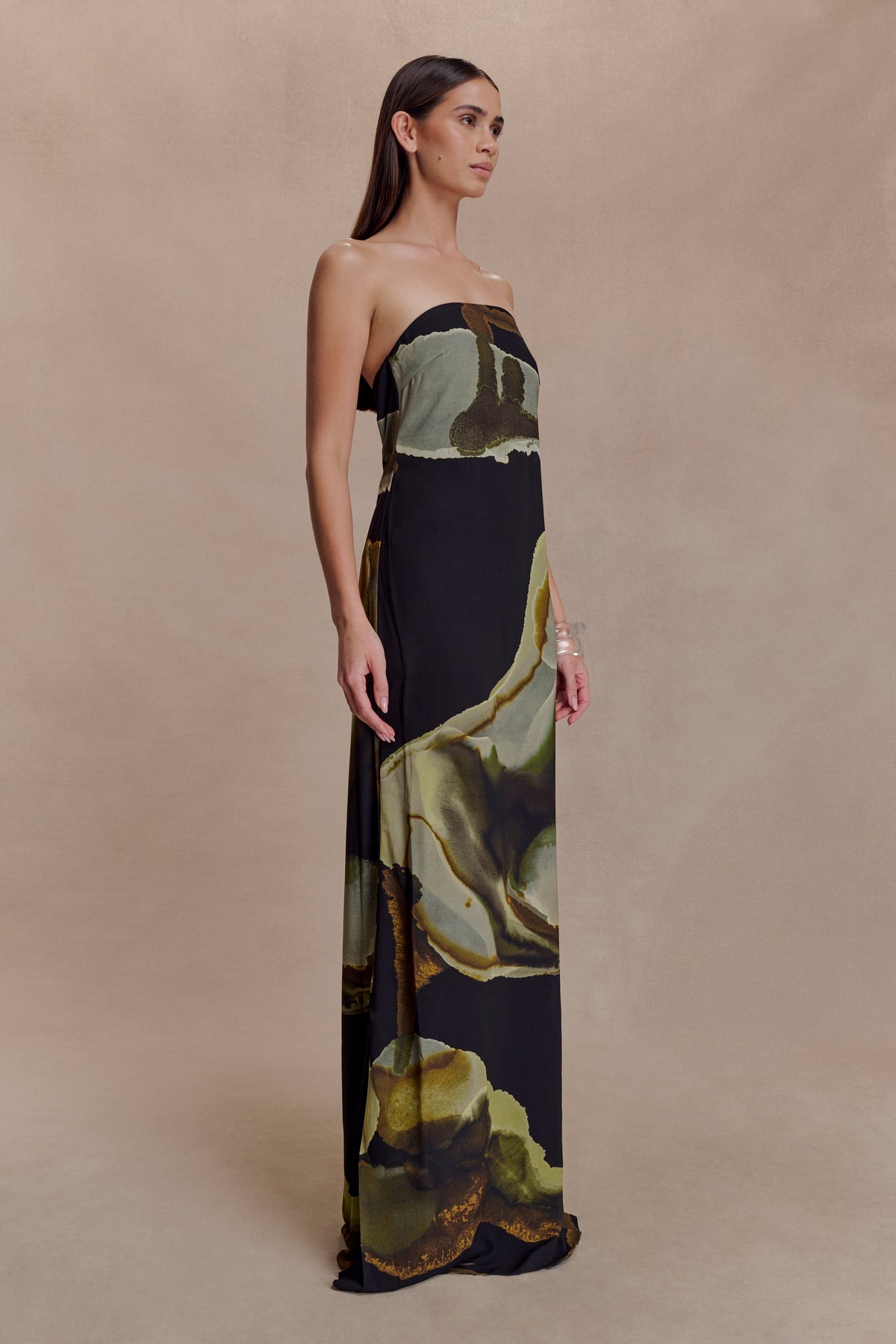 Amaya Strapless Chiffon Maxi Dress - Green Fluid Reverie Print