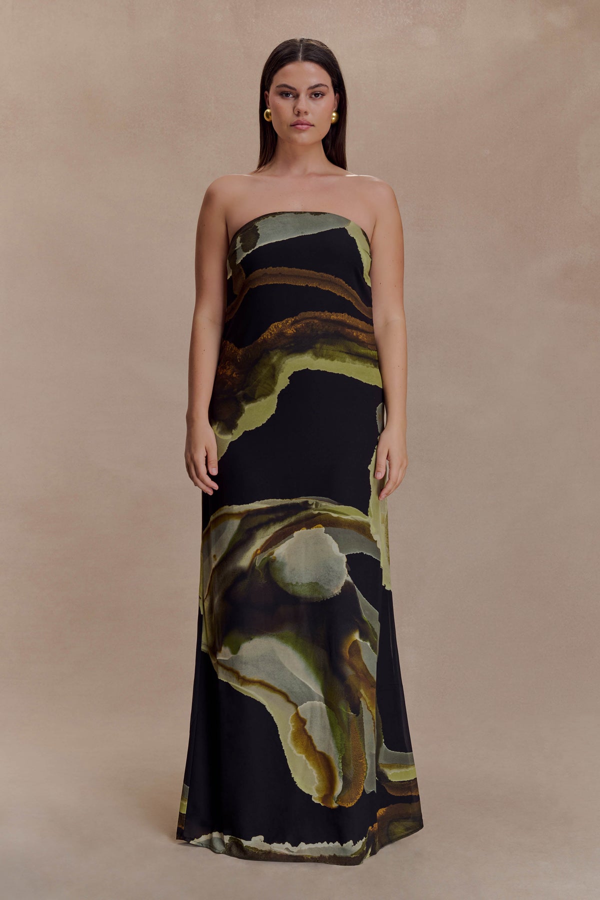 Amaya Strapless Chiffon Maxi Dress - Green Fluid Reverie Print