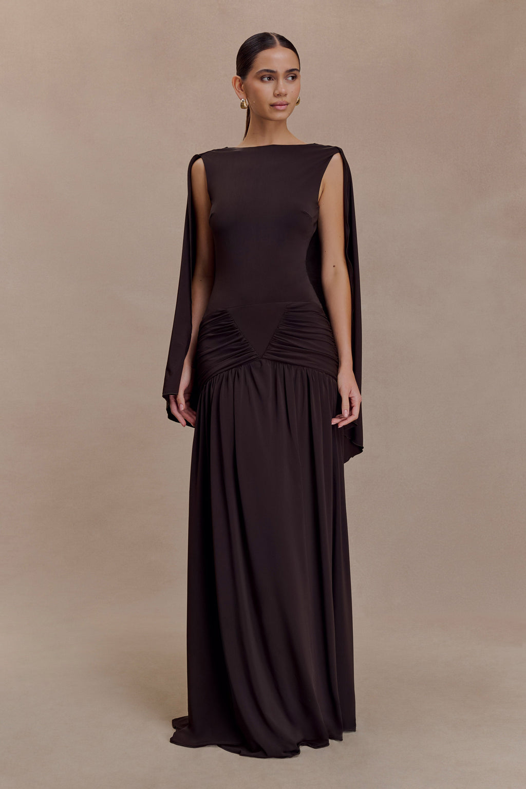 Emory Jersey Cape Maxi Dress - Chocolate