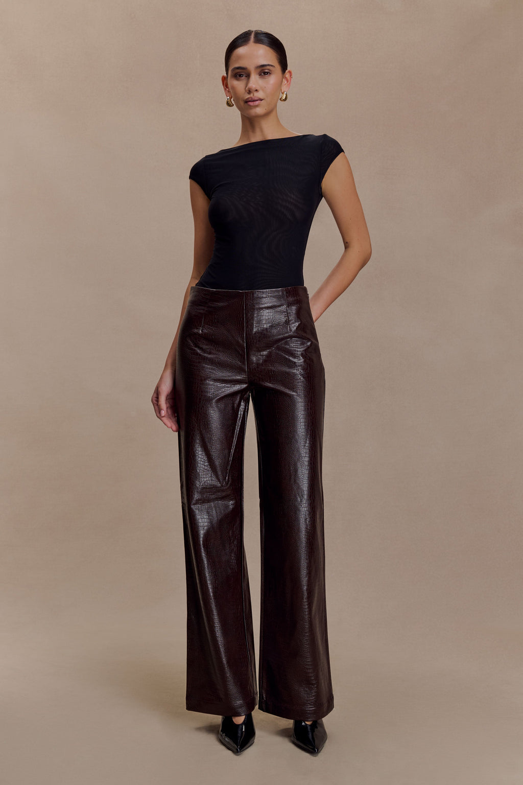 Henry Croc Faux Leather Straight Leg Pants - Dark Chocolate