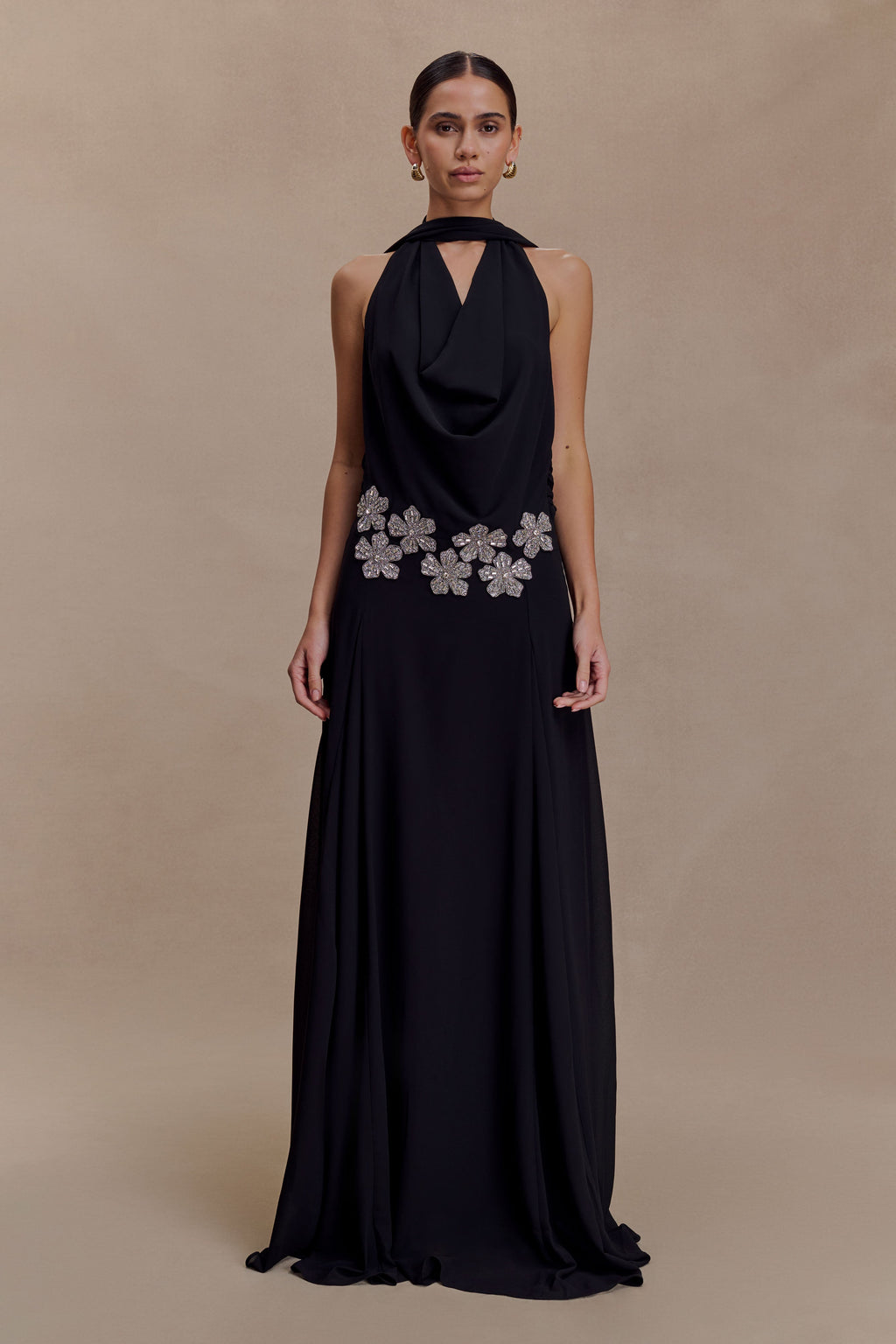 Santal Floral Chiffon Halter Maxi Dress - Black