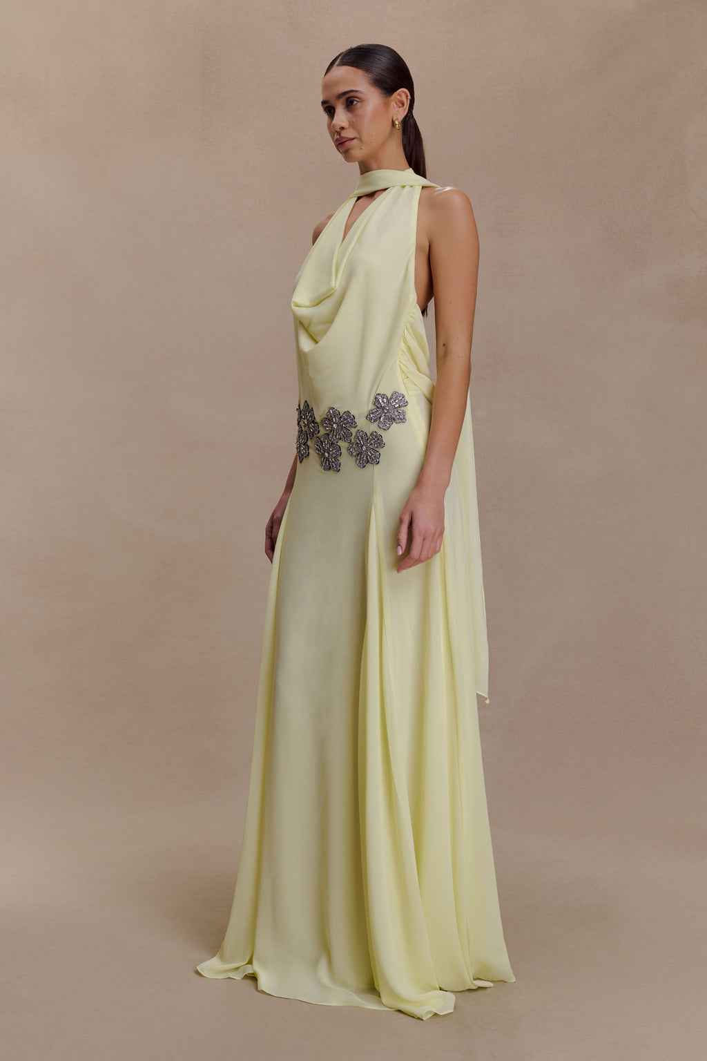Santal Floral Chiffon Halter Maxi Dress - Lemon