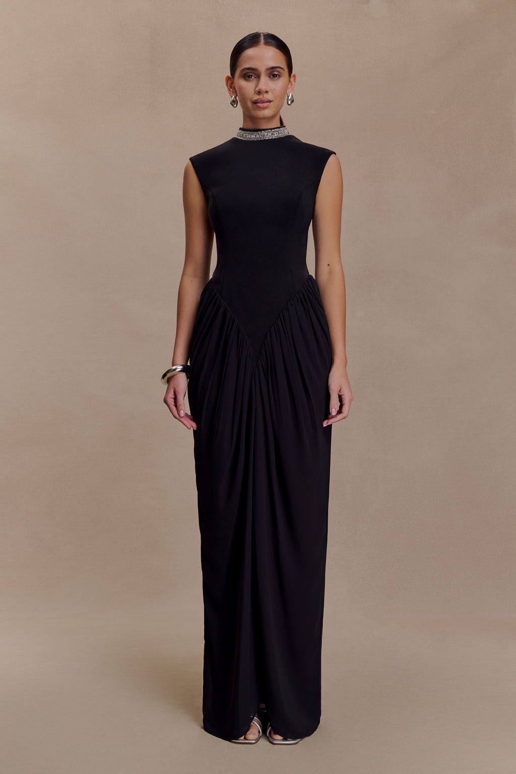 Elisa Diamante Neck Maxi Dress - Black