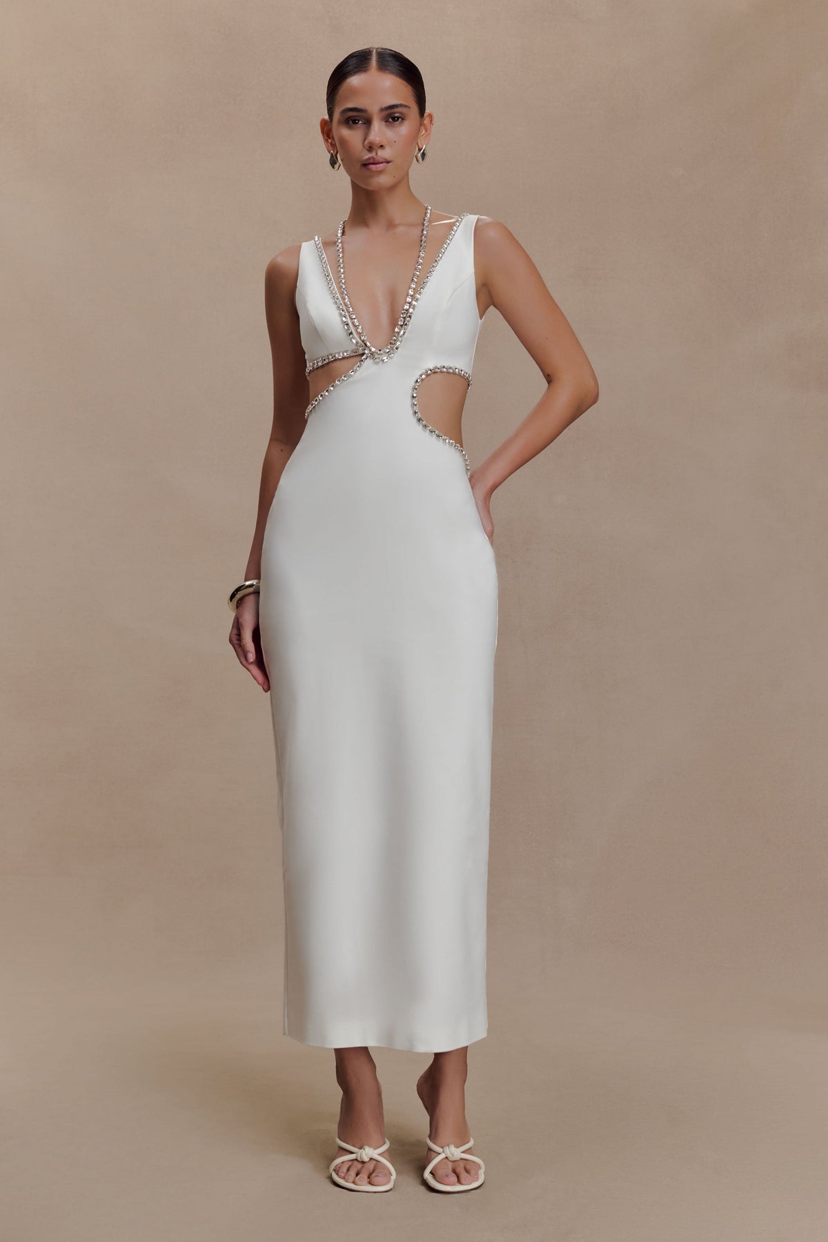 Henny Diamante Trim Cut Out Midi Dress - White