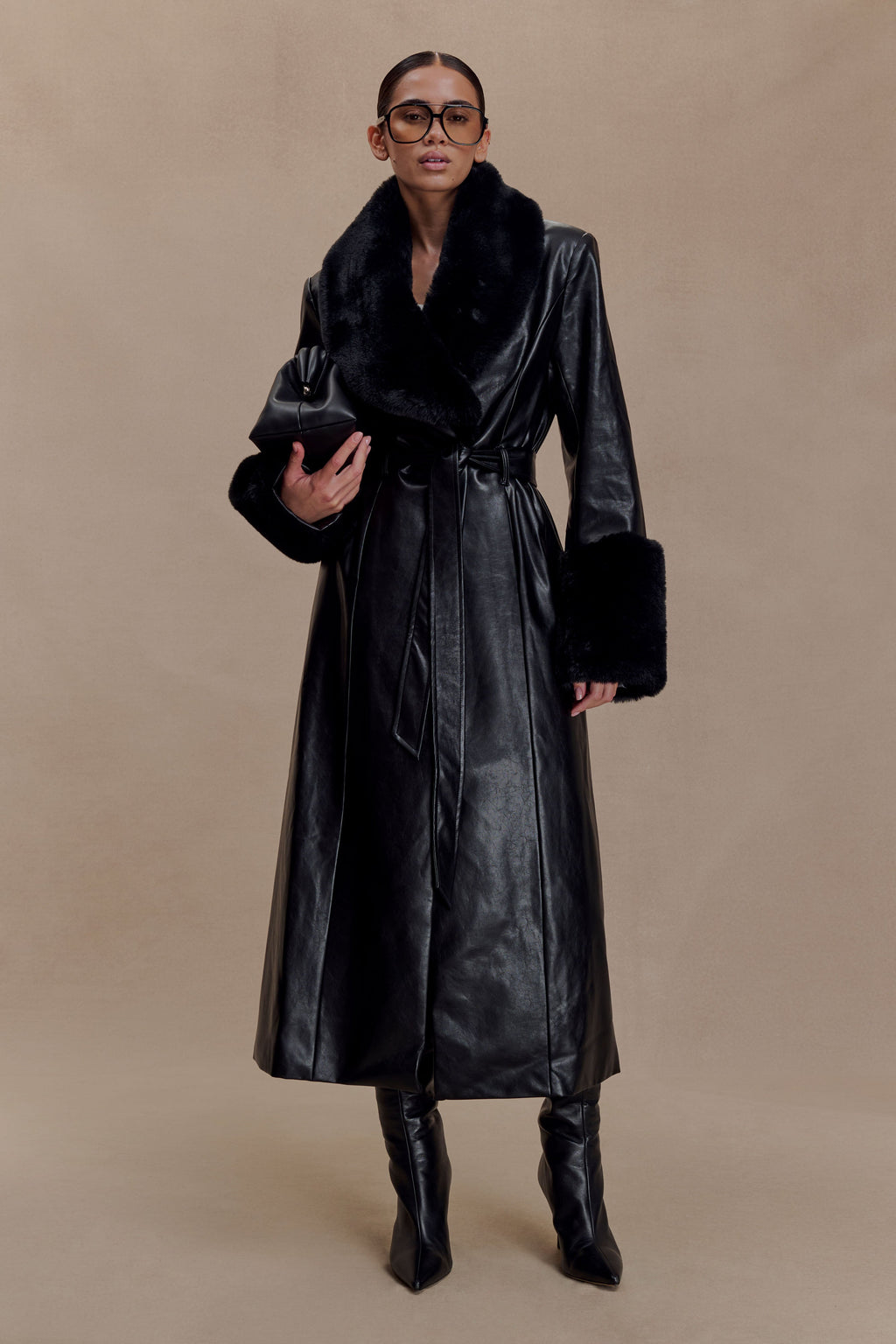 Bec Faux Leather Trench Coat With Faux Fur - Black