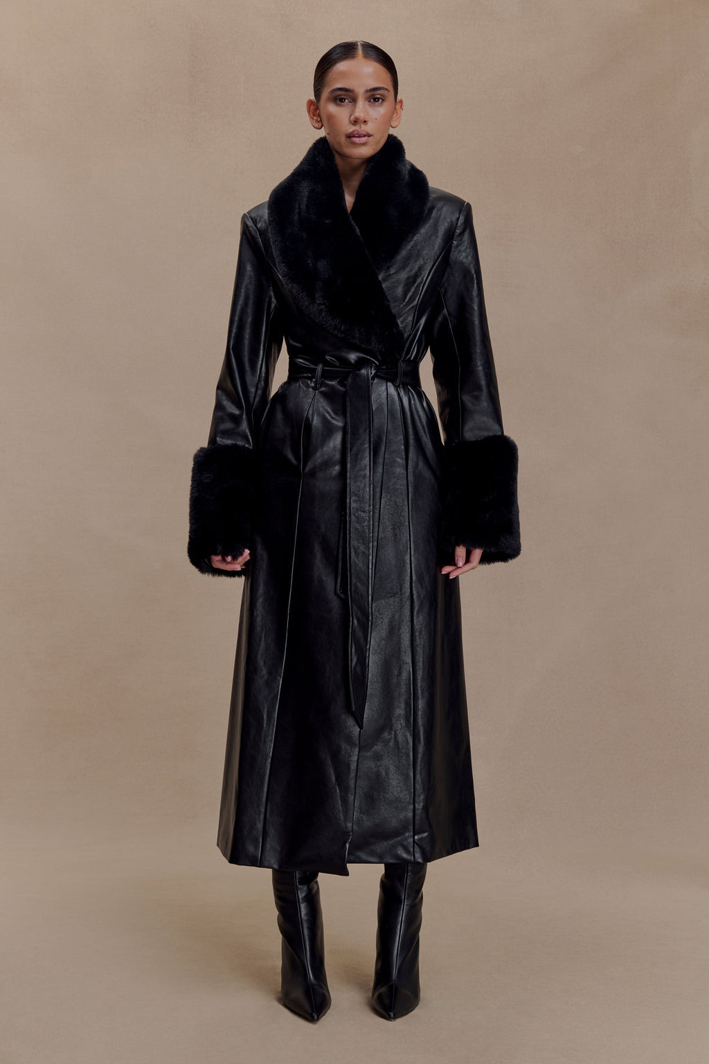 Bec Faux Leather Trench Coat With Faux Fur - Black