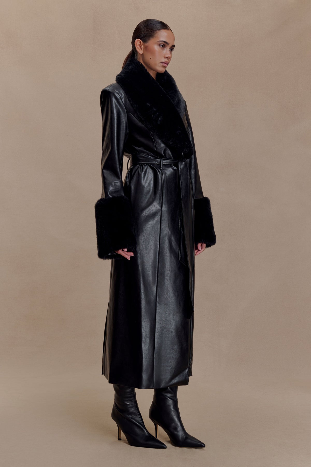 Bec Faux Leather Trench Coat With Faux Fur - Black