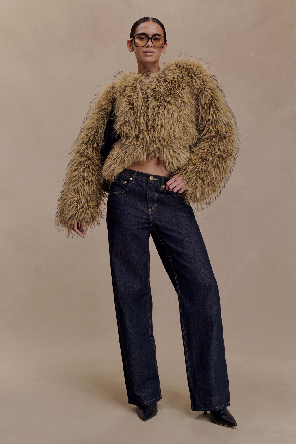 Ottie Mongolian Faux Fur Cropped Jacket - Brown Multi