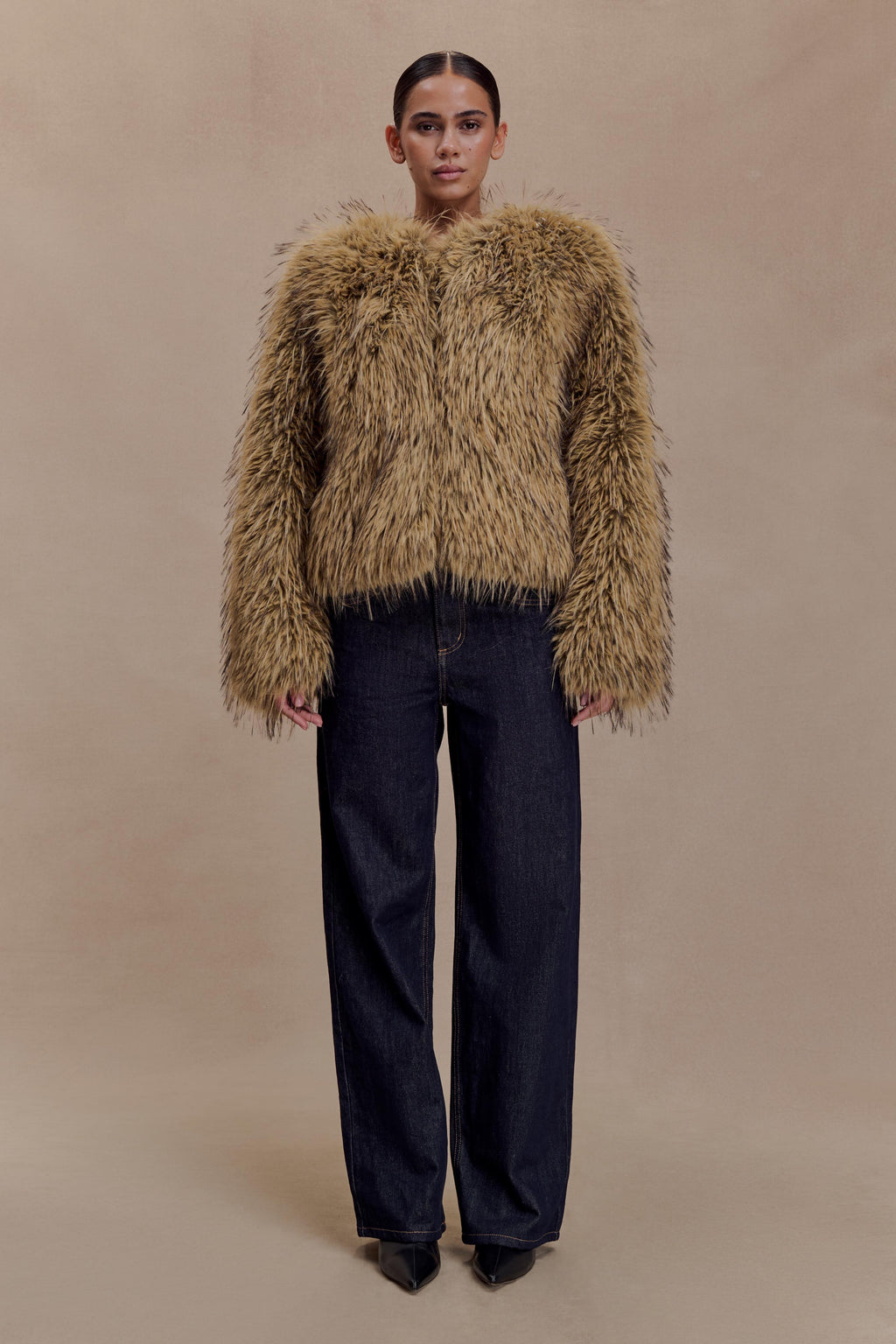 Ottie Mongolian Faux Fur Cropped Jacket - Brown Multi
