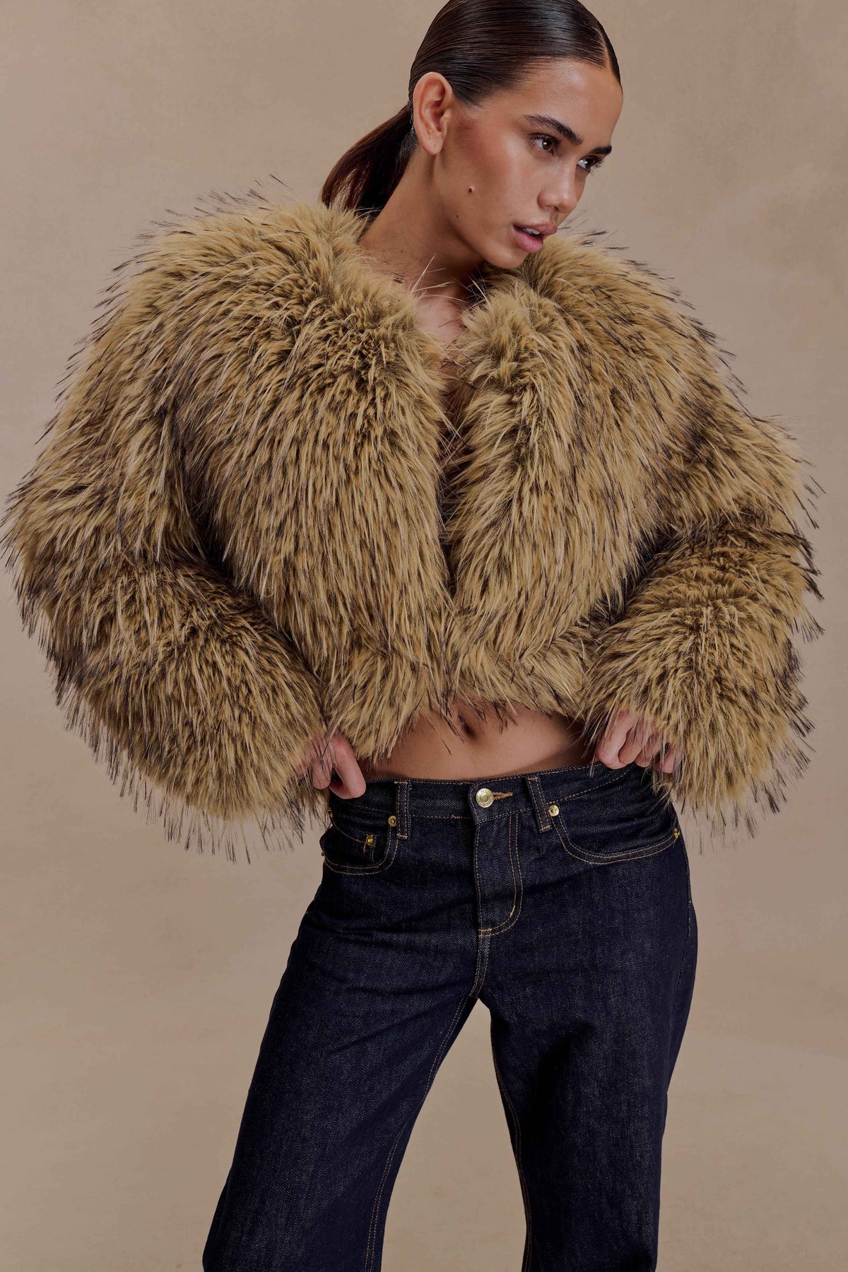 Ottie Mongolian Faux Fur Cropped Jacket - Brown Multi
