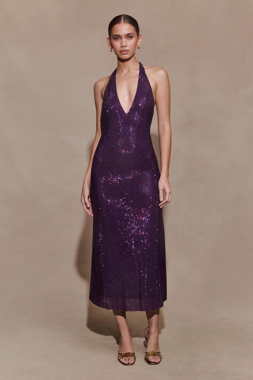 Genie Diamante Halter Midi Dress - Purple