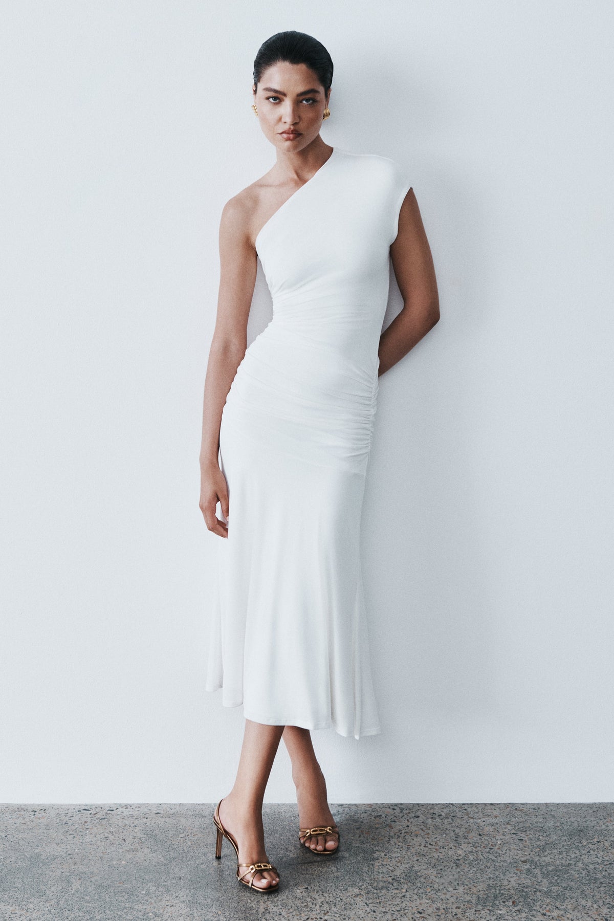 Chloe Peached Jersey One Shoulder Midi Dress - Ivory