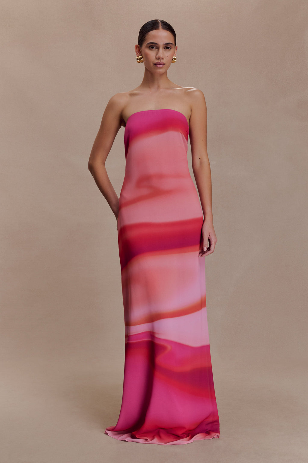 Amaya Strapless Chiffon Maxi Dress - Pink Sunset Print