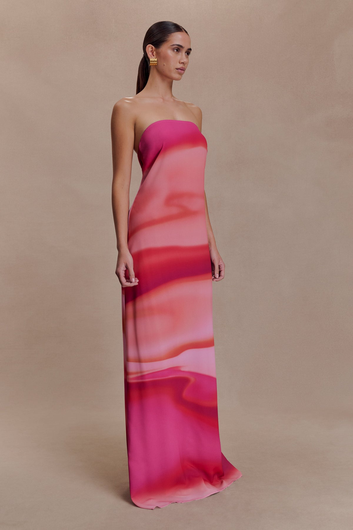 Amaya Strapless Chiffon Maxi Dress - Pink Sunset Print