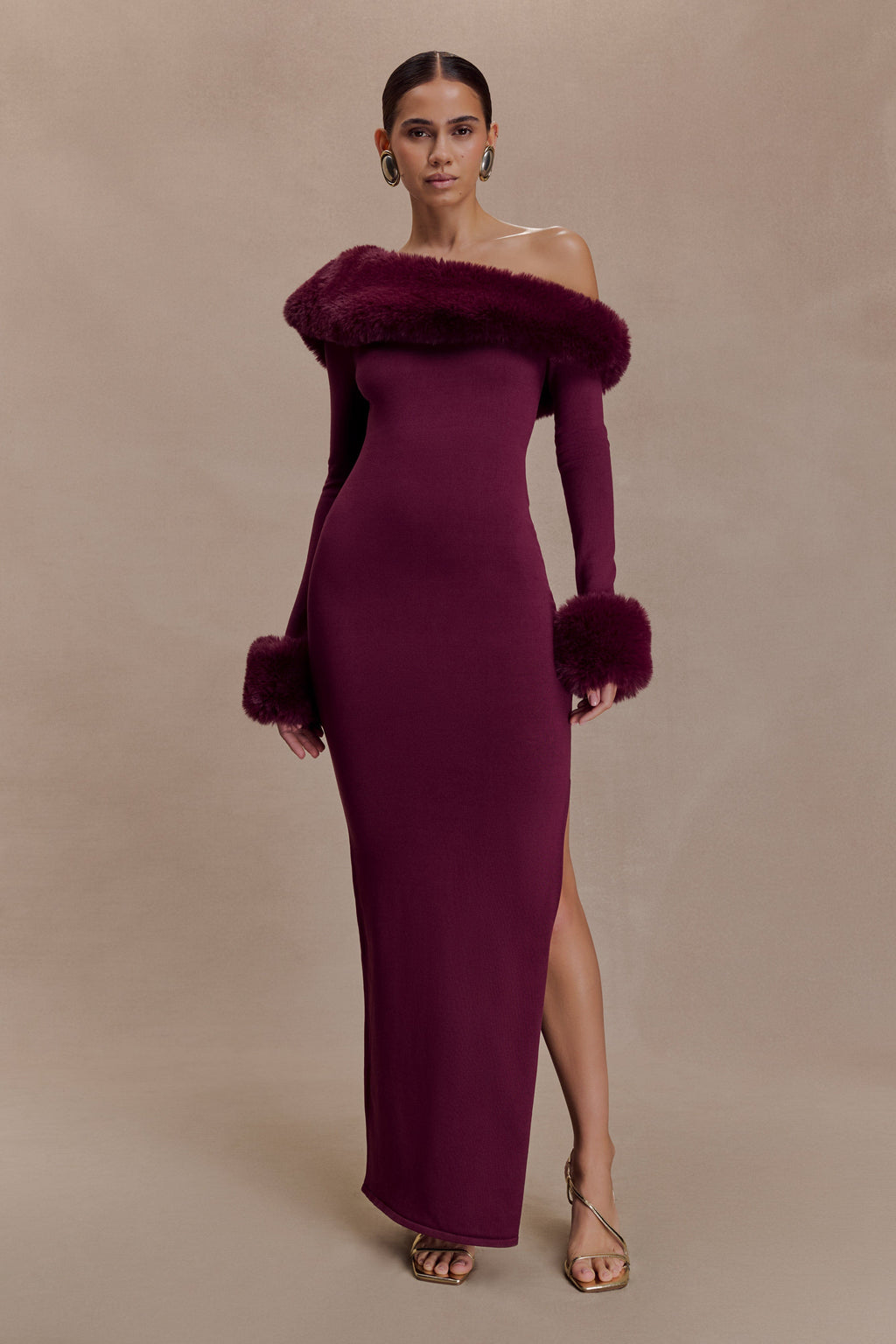 Karleigh Faux Fur Knit Maxi Dress - Plum