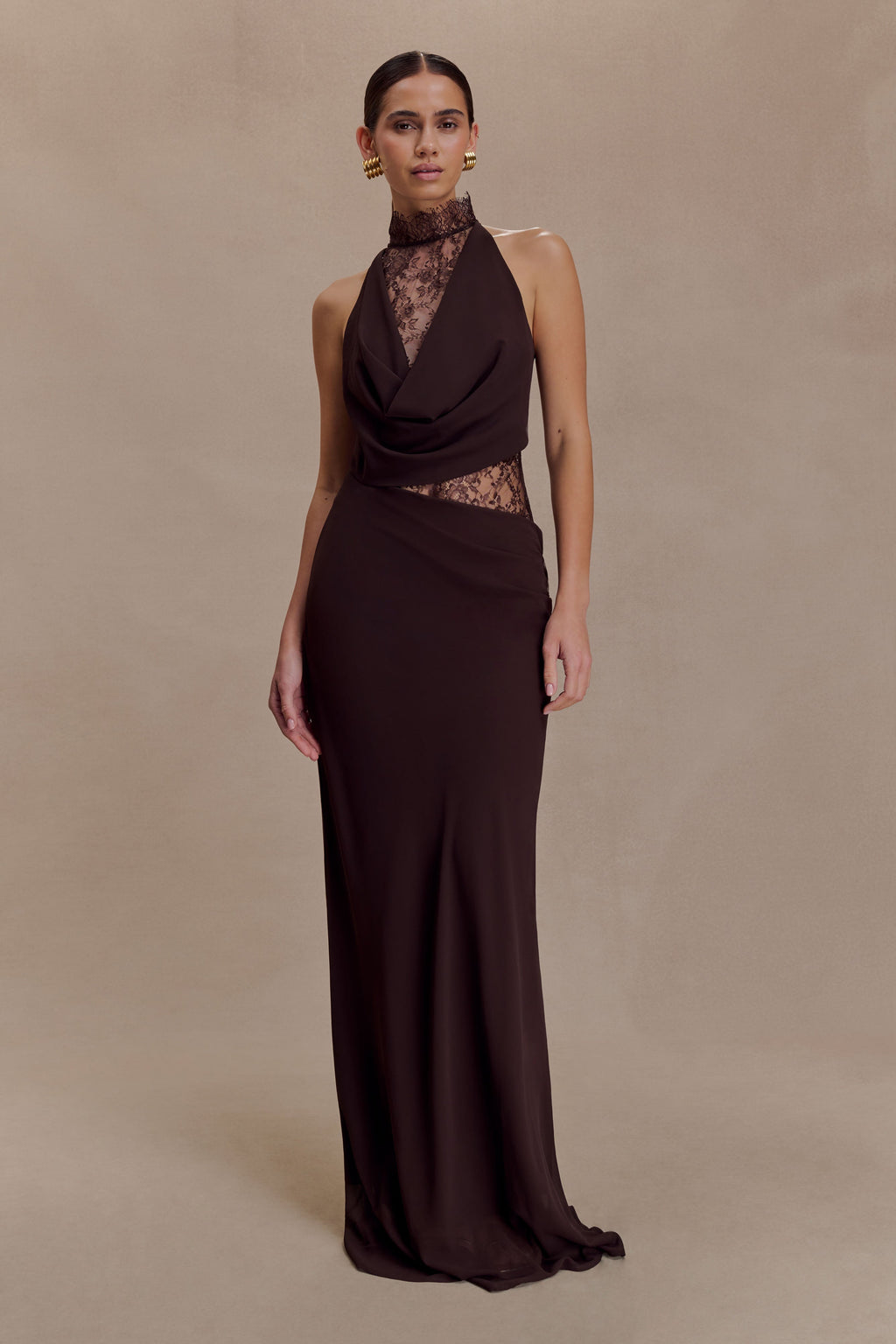 Arra Chiffon And Lace Halter Maxi Dress - Cacao Brown