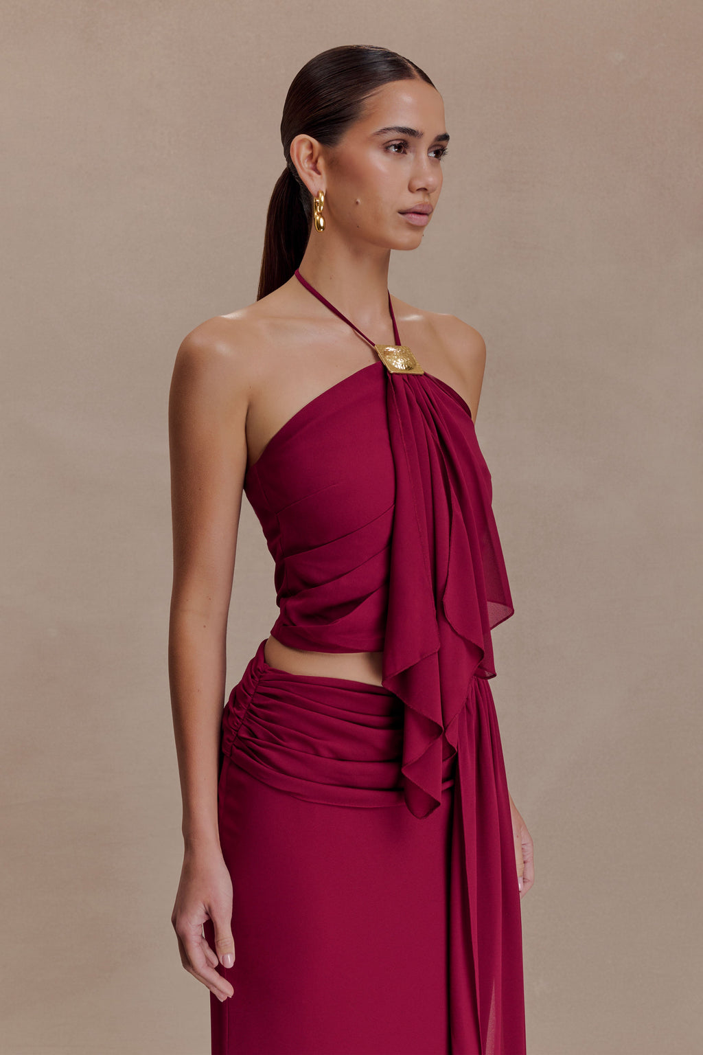 Celina Chiffon Halter Top With Hardware - Cherry Red