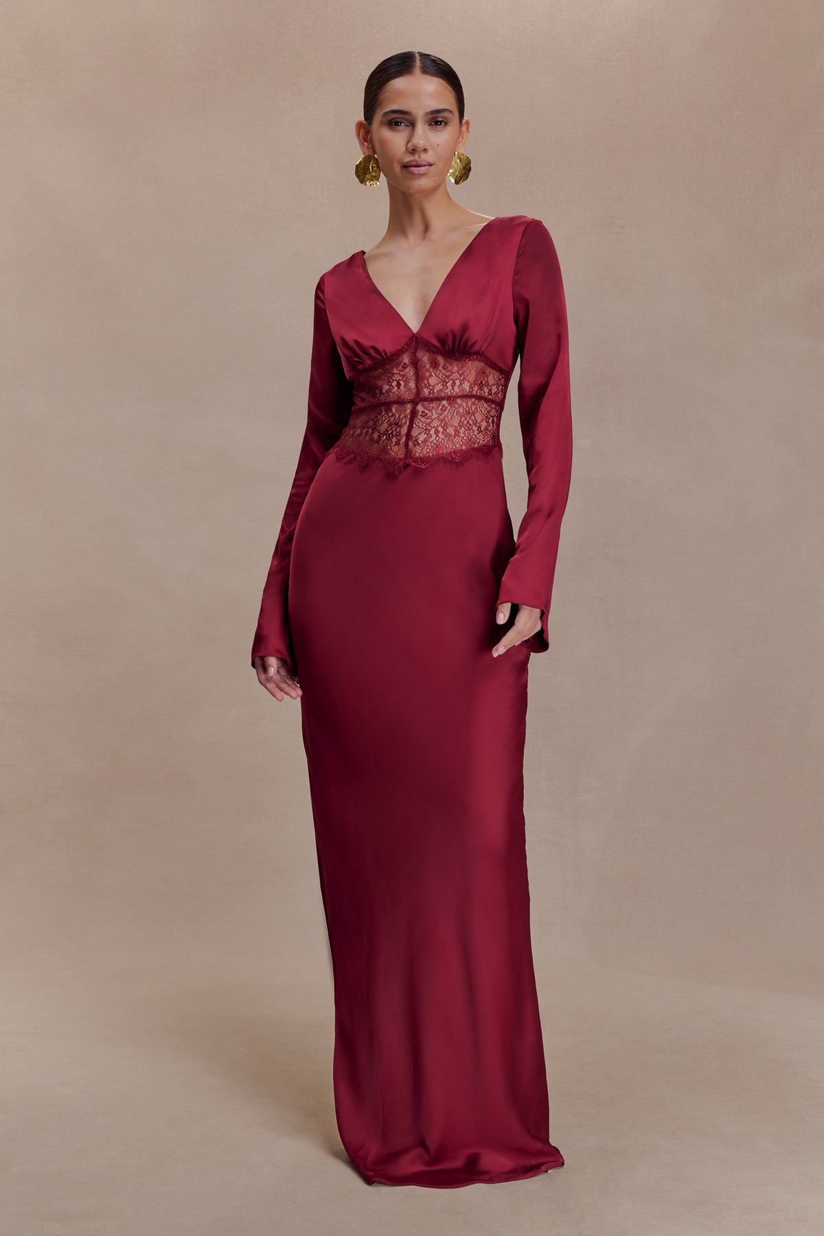 Kaya Long Sleeve Satin And Mesh Maxi Dress - Wine