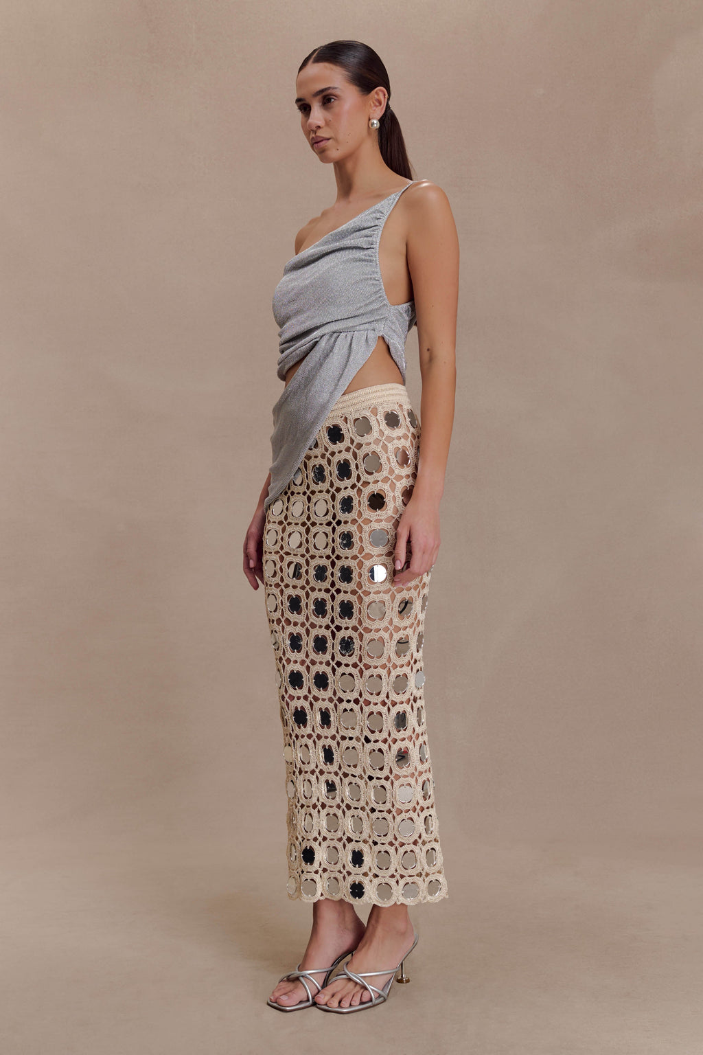 Noel Mirror Knit Midi Skirt - Beige