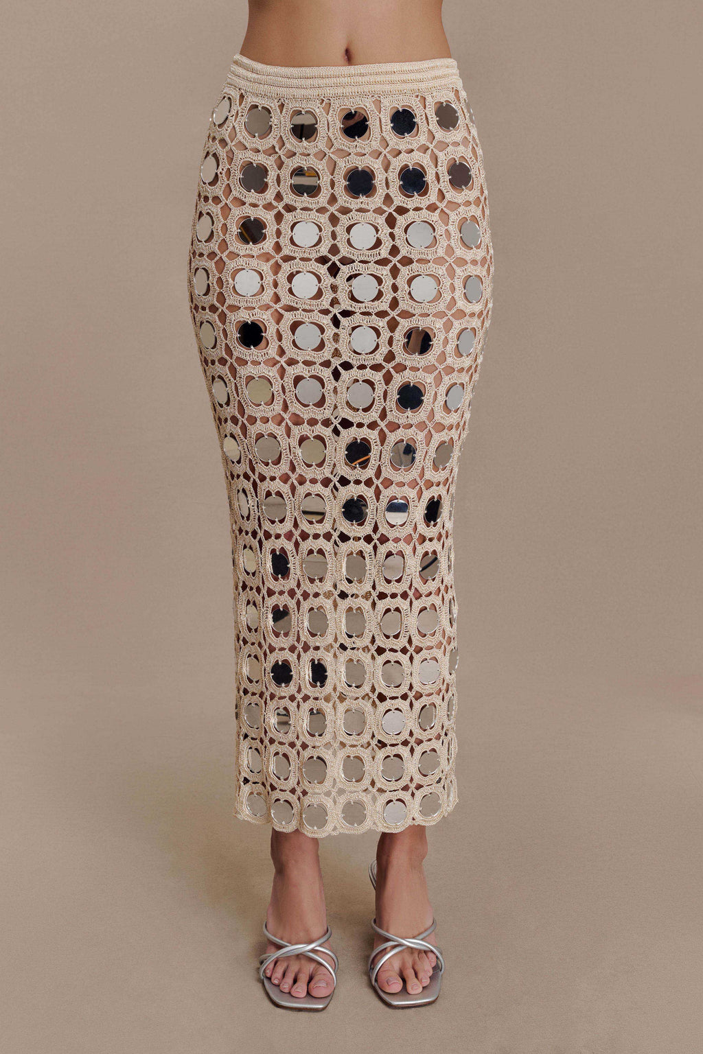 Noel Mirror Knit Midi Skirt - Beige