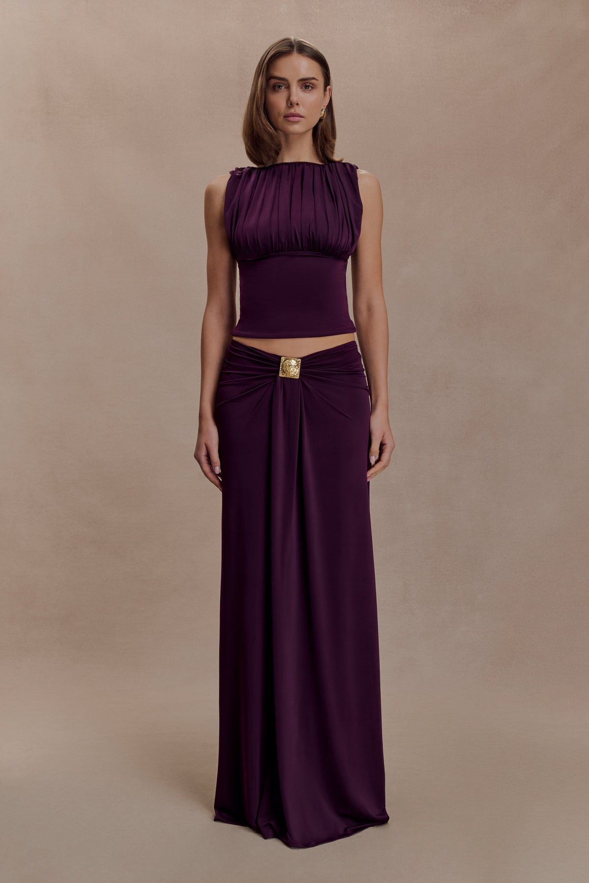 Erina Slinky Ruched Maxi Skirt With Hardware - Aubergine